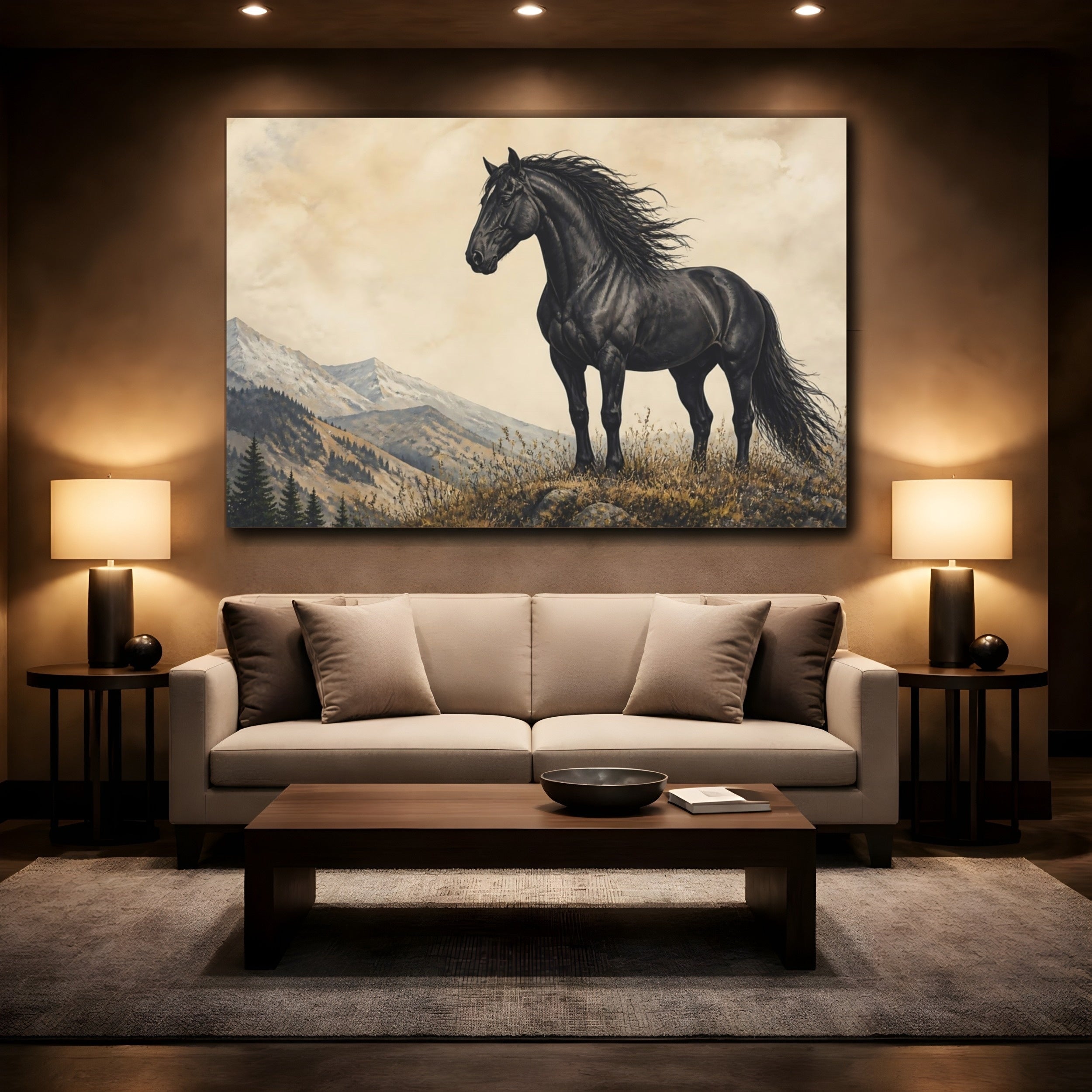 Mockup 2. Animals Black Horse Black Horse Landscape shown as canvas print