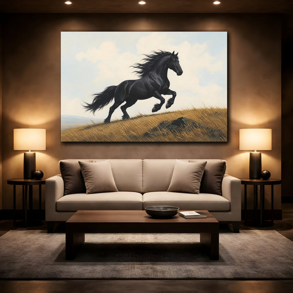 Mockup 2. Animals Black Horse Black Horse Running shown as stretched canvas wall art