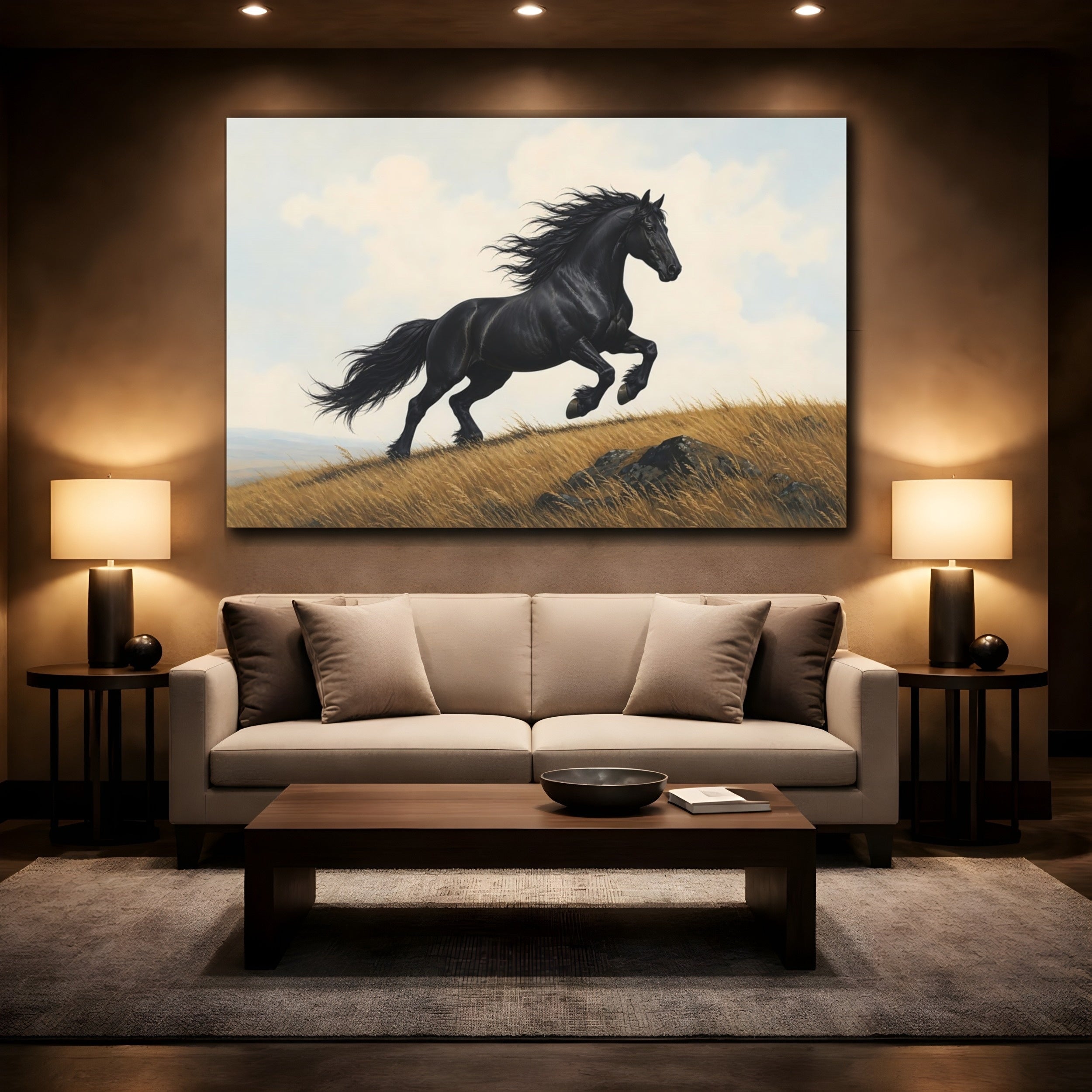 Mockup 2. Animals Black Horse Black Horse Running shown as stretched canvas wall art