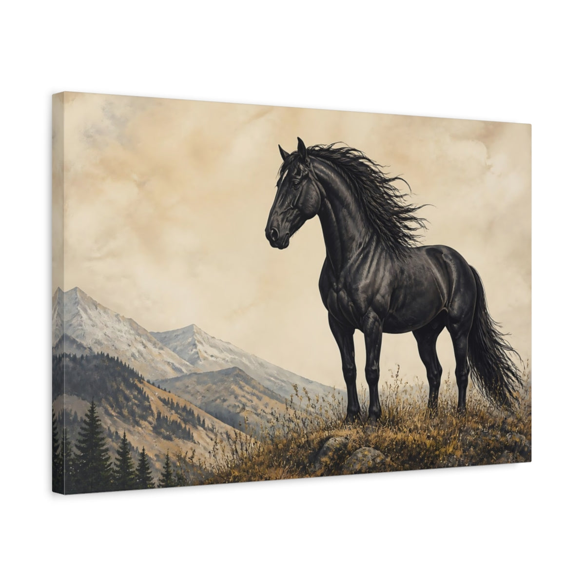Side Mockup 3. Animals Black Horse Black Horse Landscape shown as canvas print