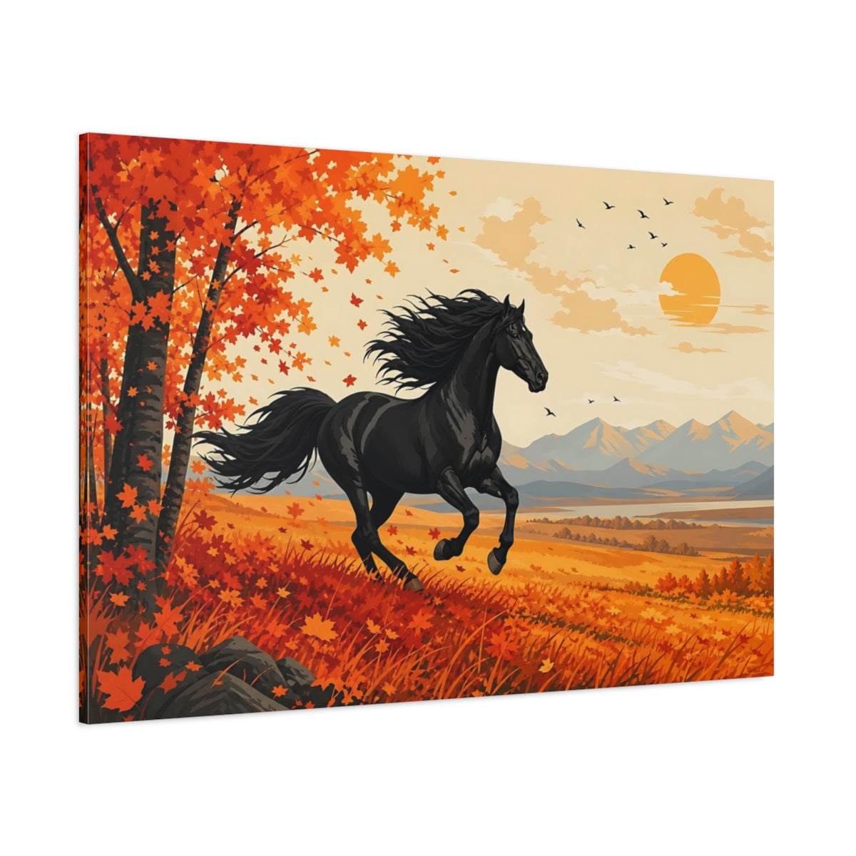 Side Mockup 1. Animals Black Horse Black Orange Landscape shown as canvas print