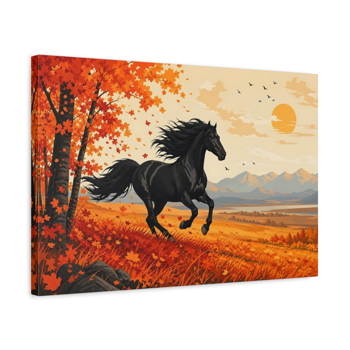 Side Mockup 3. Animals Black Horse Black Orange Landscape shown as canvas print