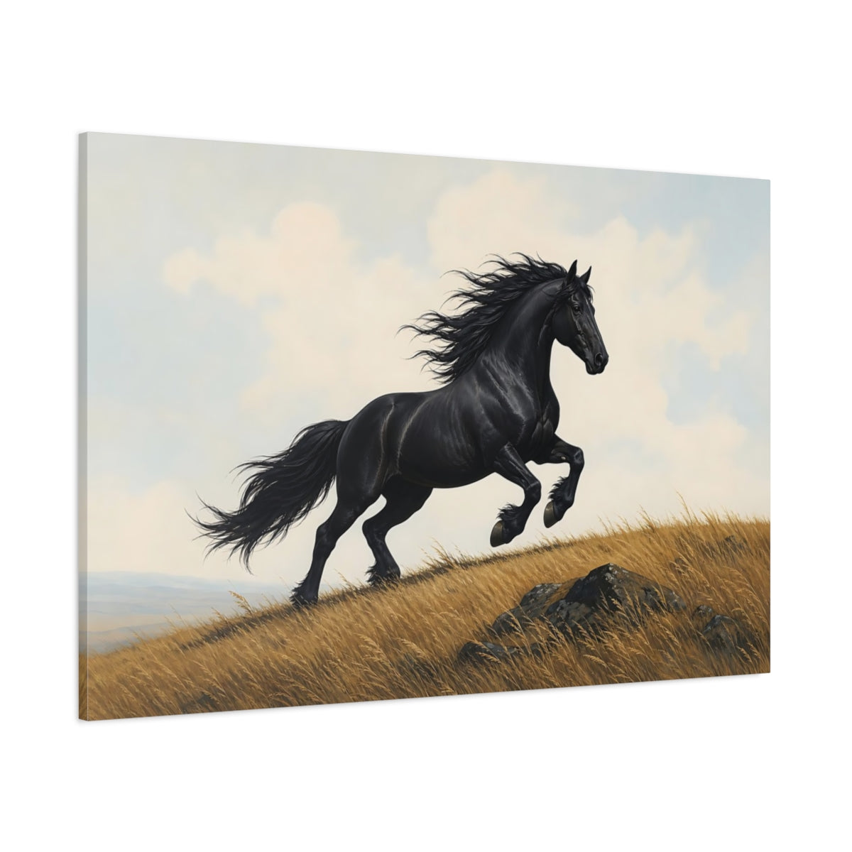Side Mockup 1. Animals Black Horse Black Horse Running shown as stretched canvas wall art