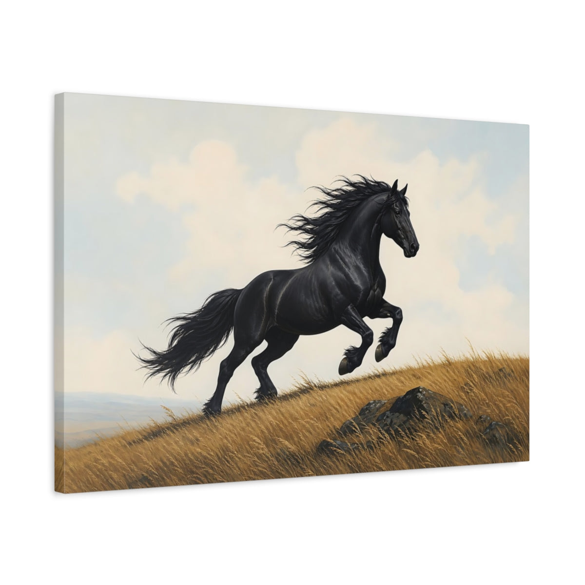Side Mockup 2. Animals Black Horse Black Horse Running shown as stretched canvas wall art