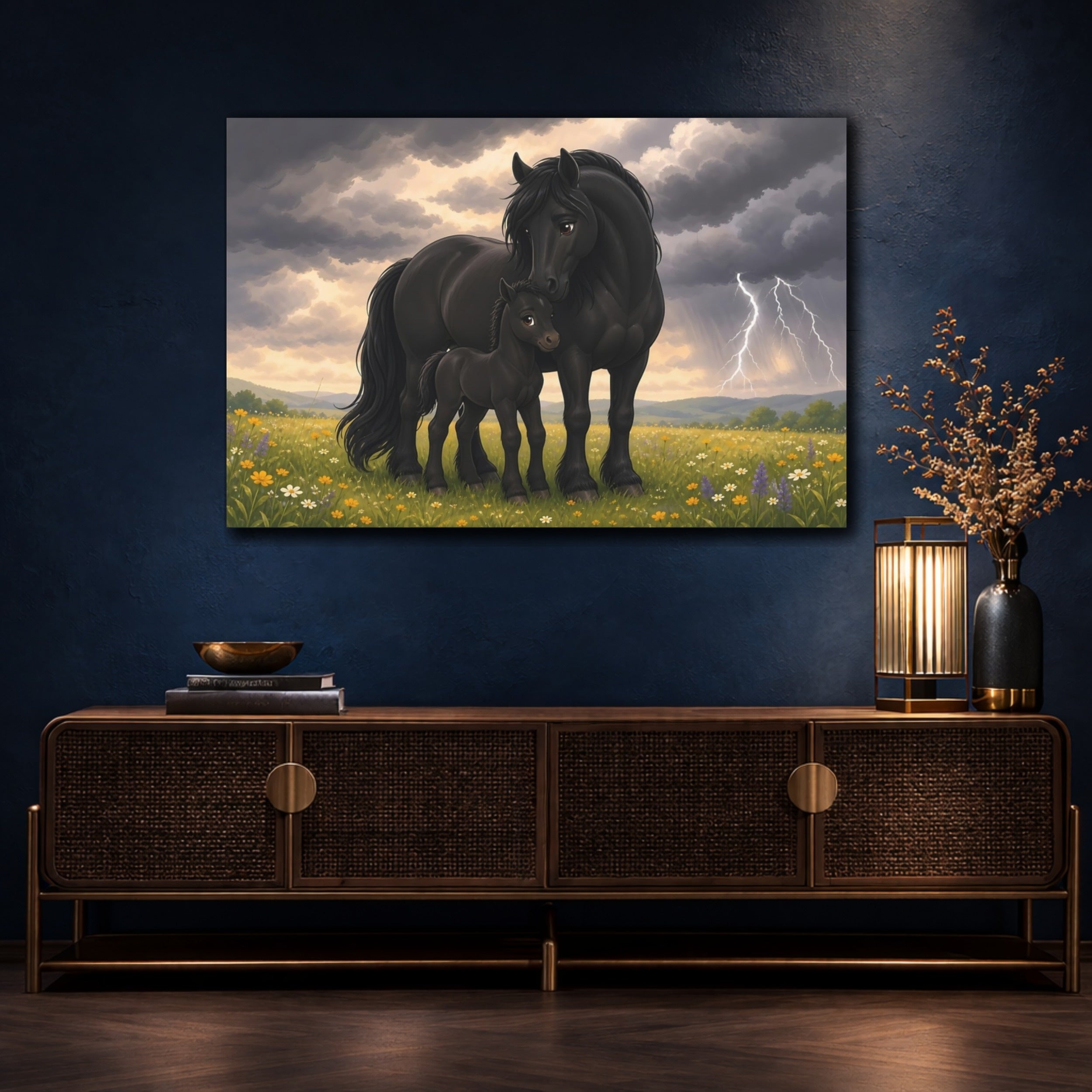 Mockup 4. Animals Black Horses Black Horses Storm shown as stretched canvas wall art