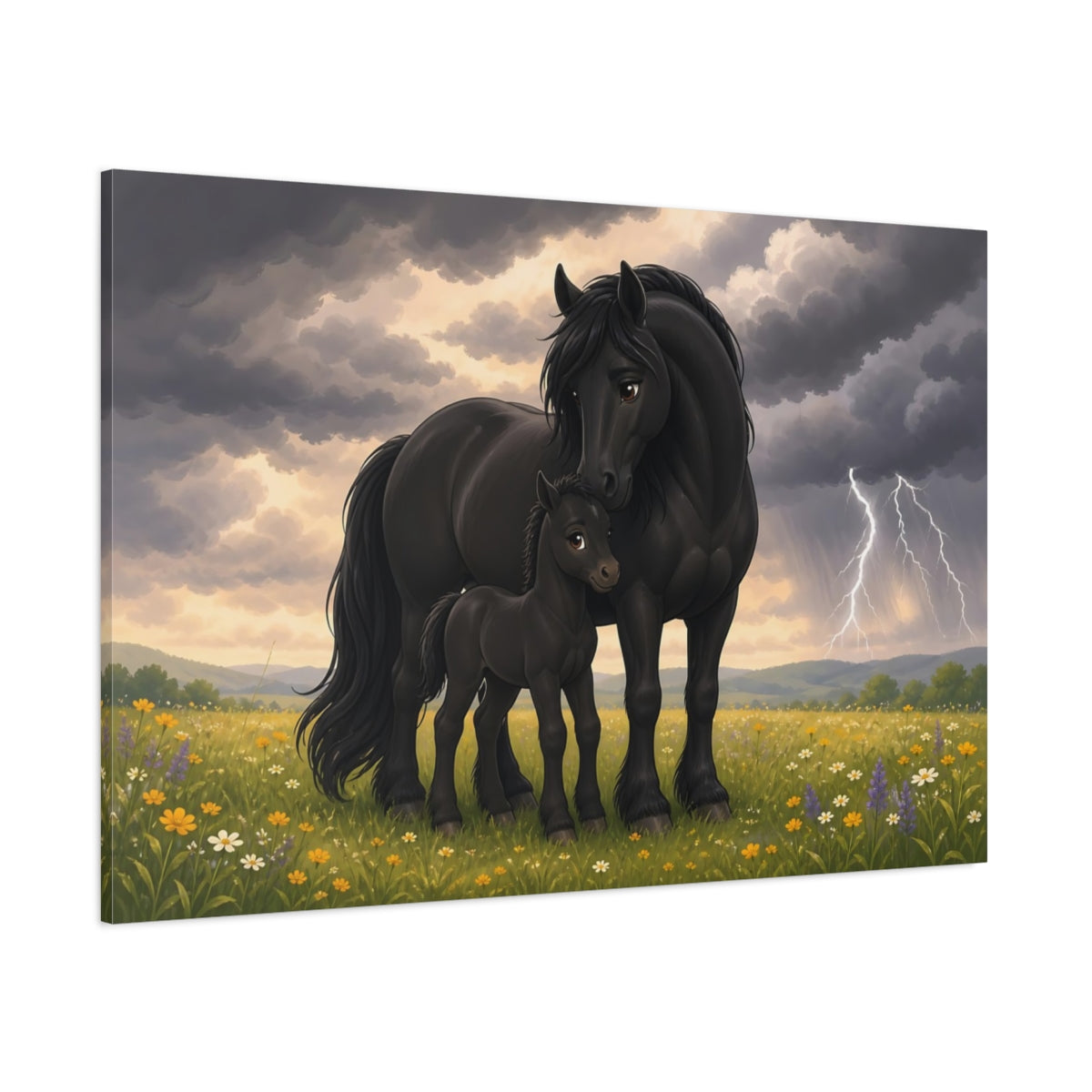 Side Mockup 1. Animals Black Horses Black Horses Storm shown as stretched canvas wall art