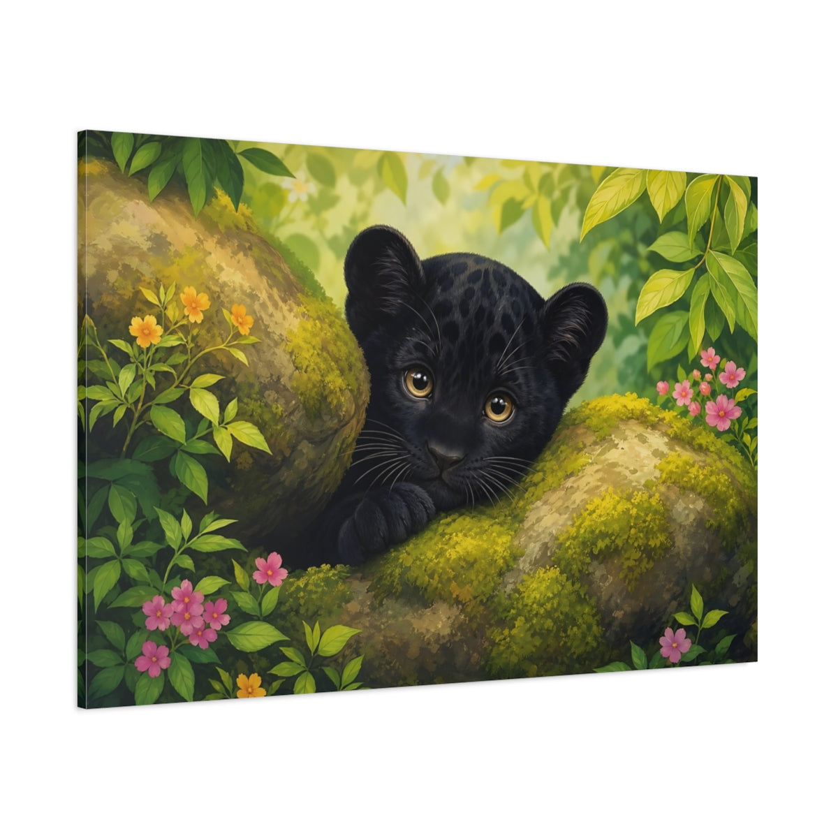 Side Mockup 1. Animals Black Panther Cub Black Panther Cub shown as stretched canvas wall art