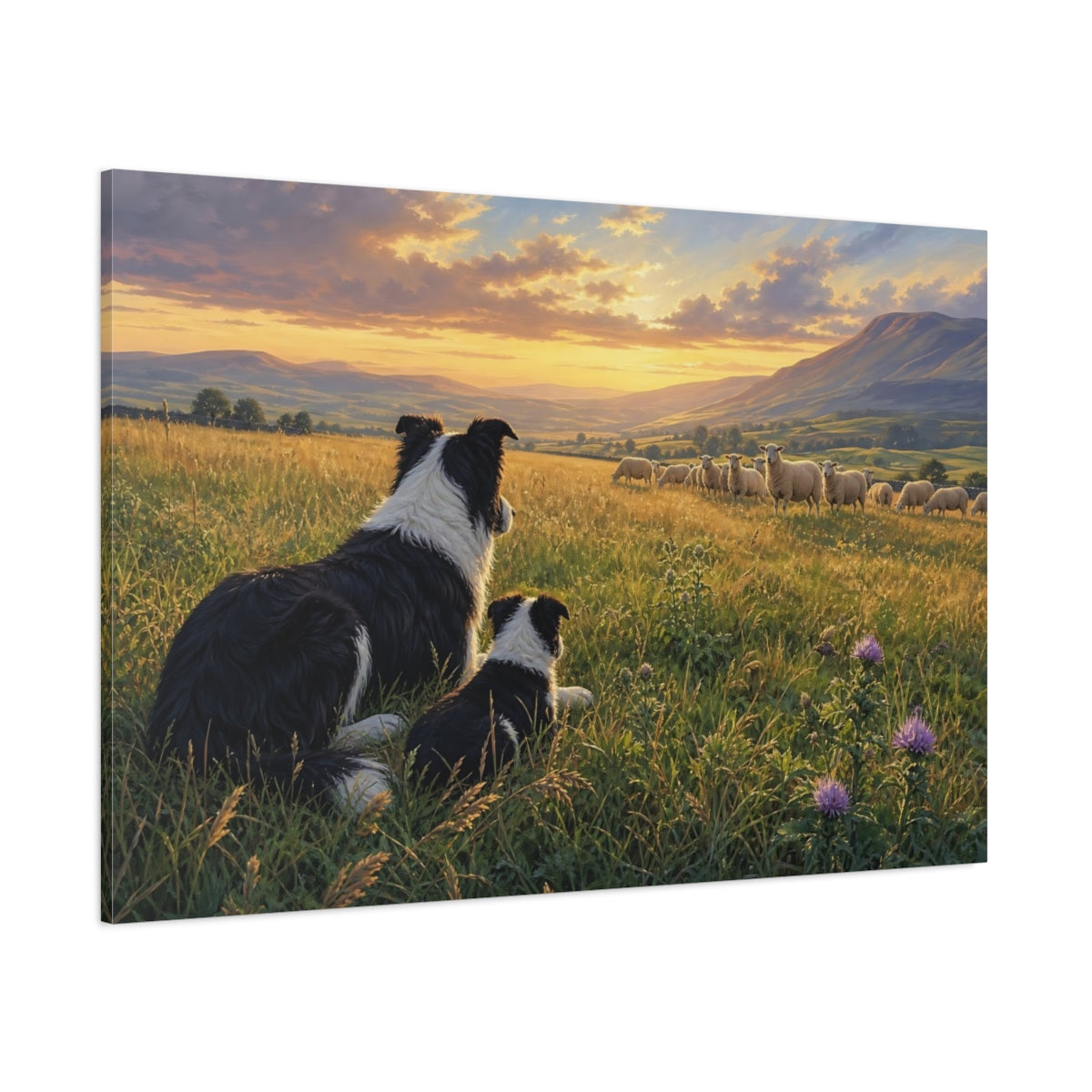 Side Mockup 1. Animals Border Collies Golden Sunset Meadow shown as stretched canvas wall art