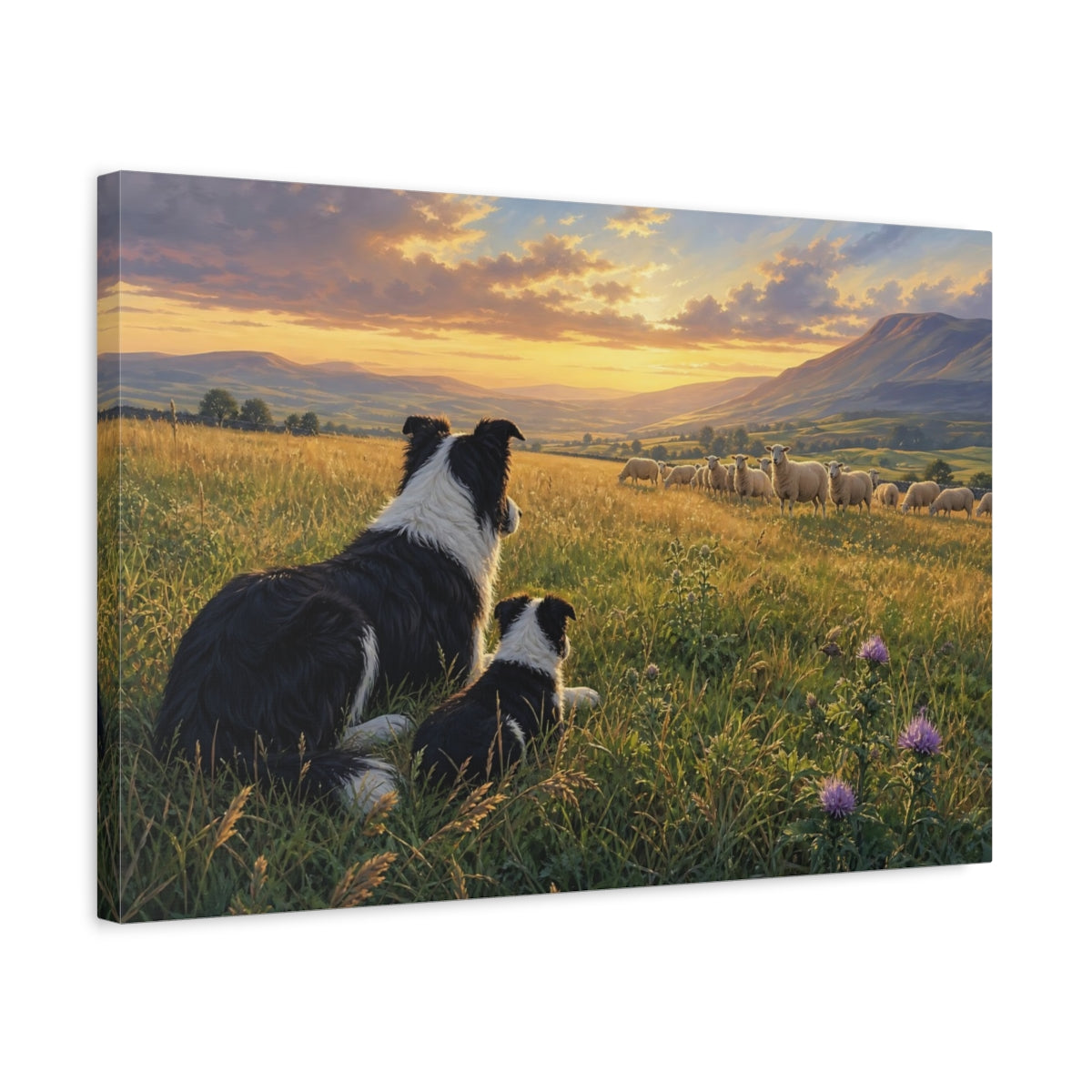 Side Mockup 3. Animals Border Collies Golden Sunset Meadow shown as stretched canvas wall art