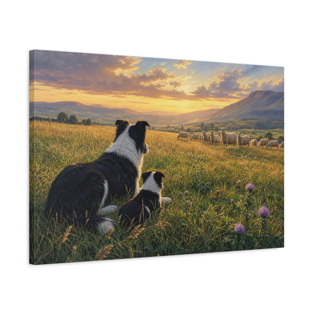 Side Mockup 2. Animals Border Collies Golden Sunset Meadow shown as stretched canvas wall art