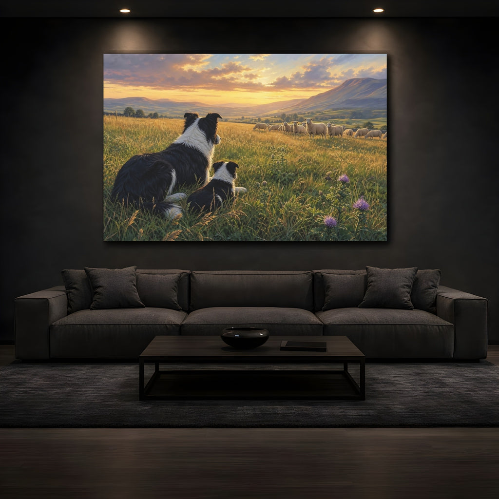 Mockup 3. Animals Border Collies Golden Sunset Meadow shown as stretched canvas wall art