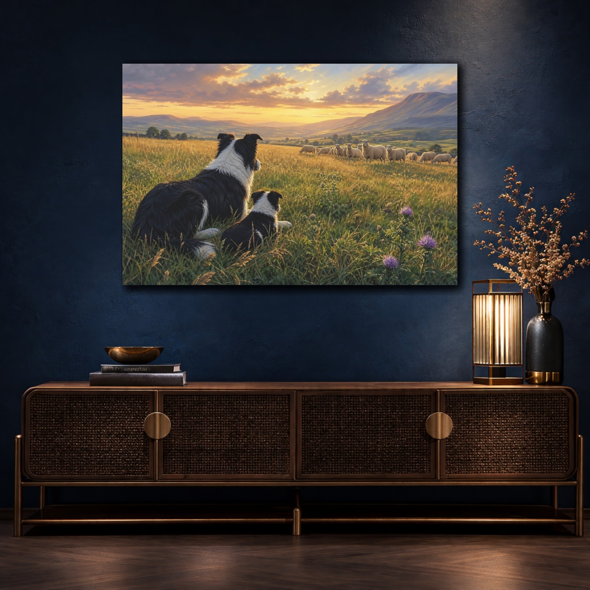Mockup 4. Animals Border Collies Golden Sunset Meadow shown as stretched canvas wall art