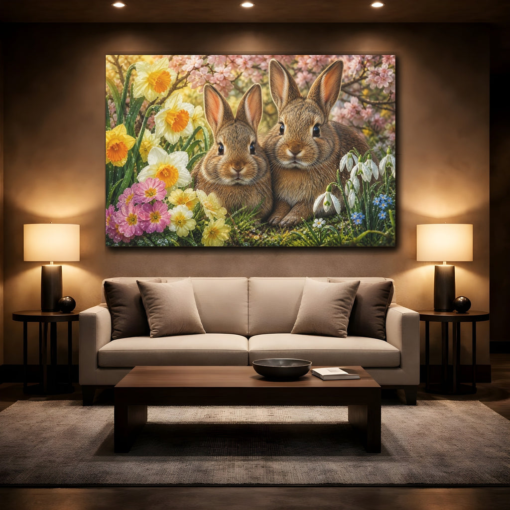 Mockup 2. Animals Bunnies Spring Bunnies shown as stretched canvas wall art