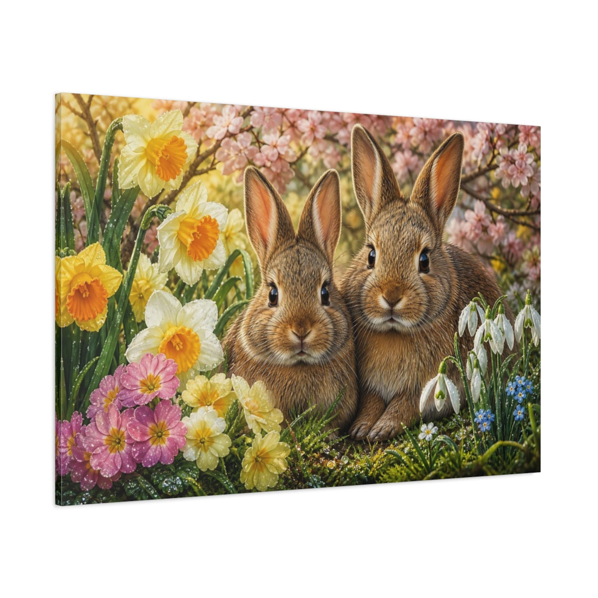 Side Mockup 1. Animals Bunnies Spring Bunnies shown as stretched canvas wall art