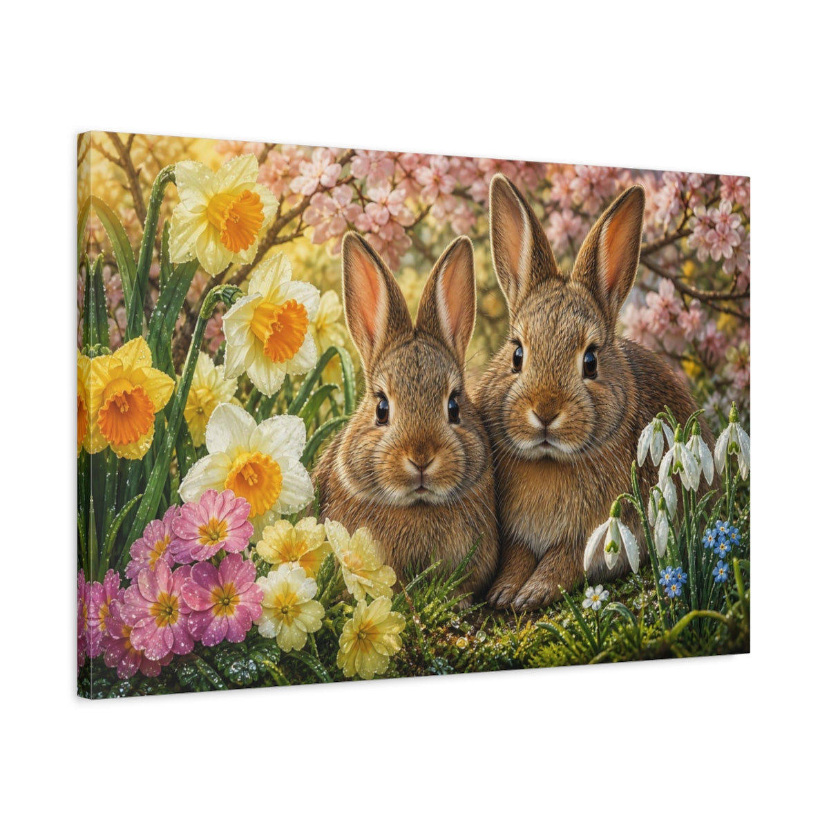 Side Mockup 2. Animals Bunnies Spring Bunnies shown as stretched canvas wall art
