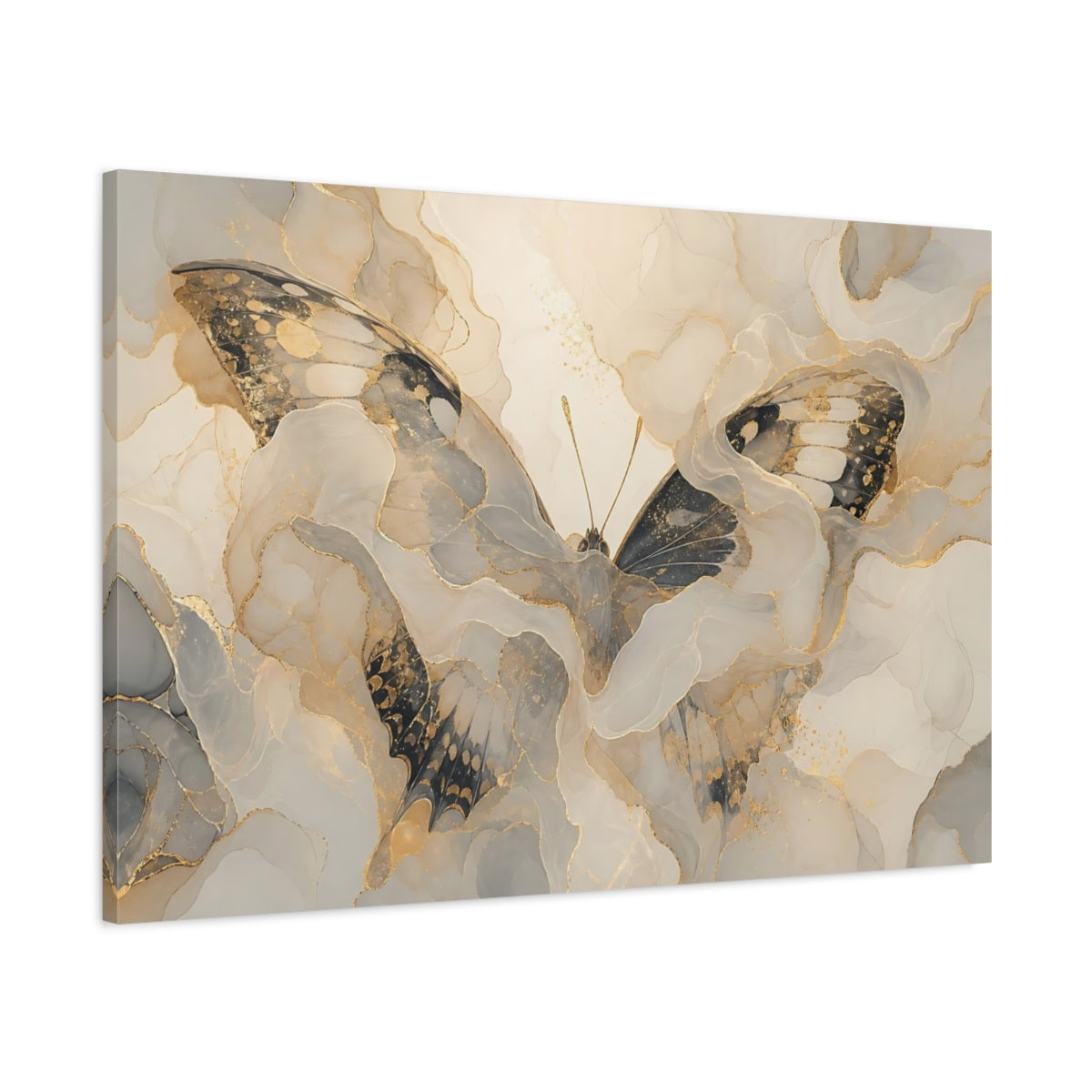 Main Mockup. Animals Butterfly Gold Grey Butterfly shown as stretched canvas wall art
