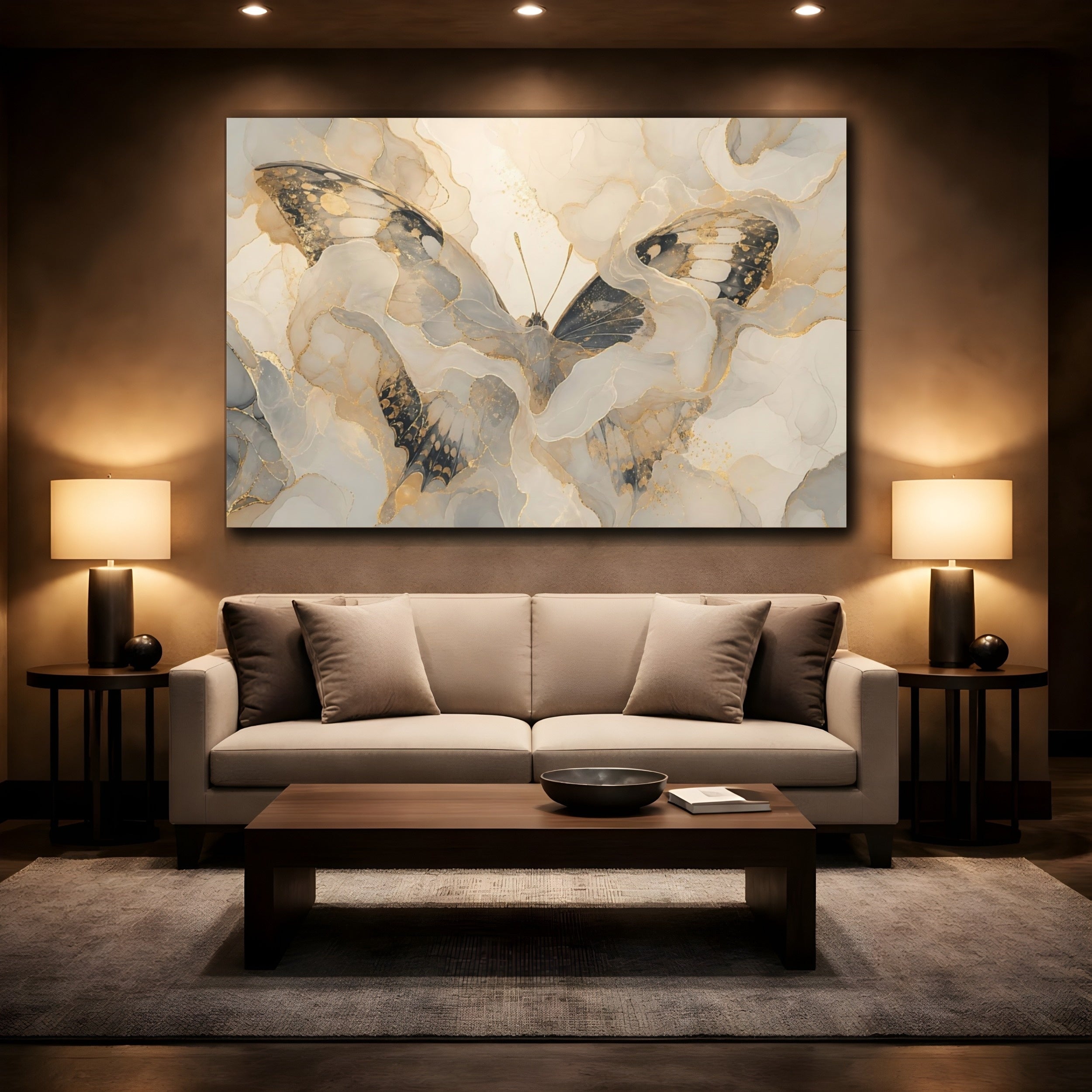 Mockup 2. Animals Butterfly Gold Grey Butterfly shown as stretched canvas wall art