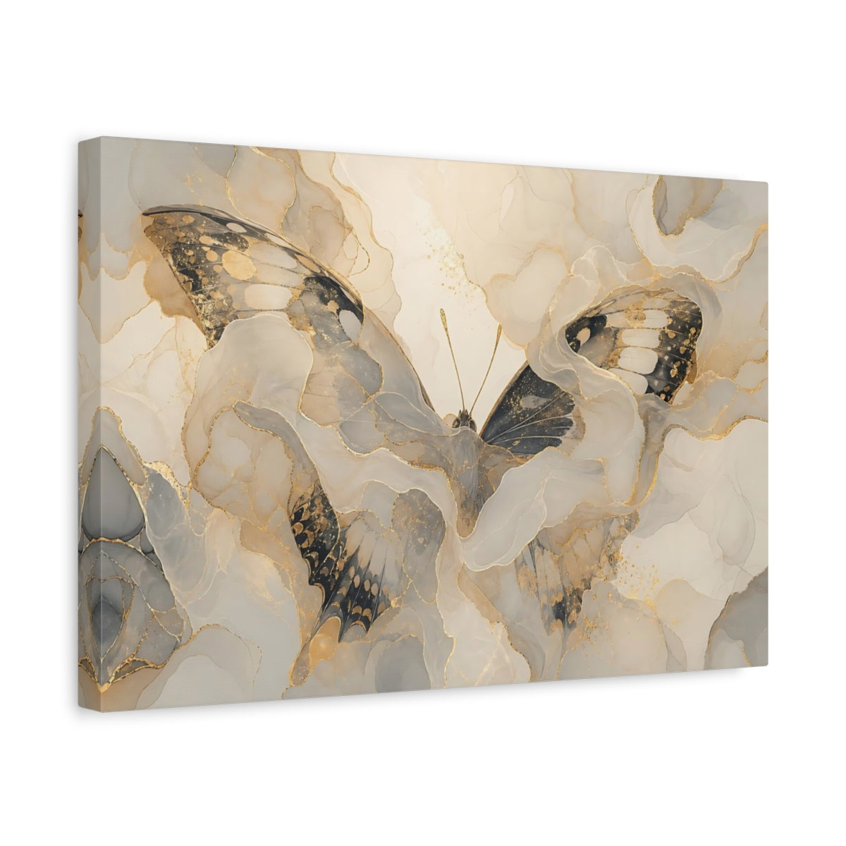 Side Mockup 4. Animals Butterfly Gold Grey Butterfly shown as stretched canvas wall art