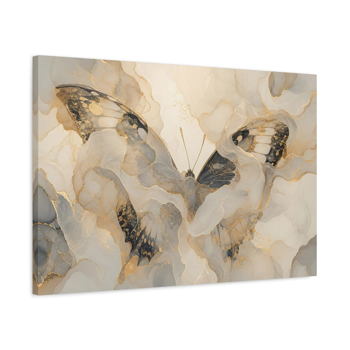 Side Mockup 2. Animals Butterfly Gold Grey Butterfly shown as stretched canvas wall art