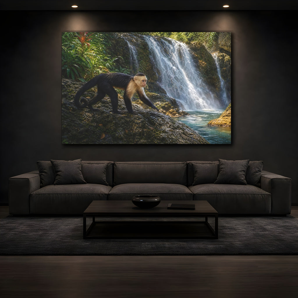 Mockup 3. Animals Capuchin Monkey Monkey Waterfall shown as stretched canvas wall art