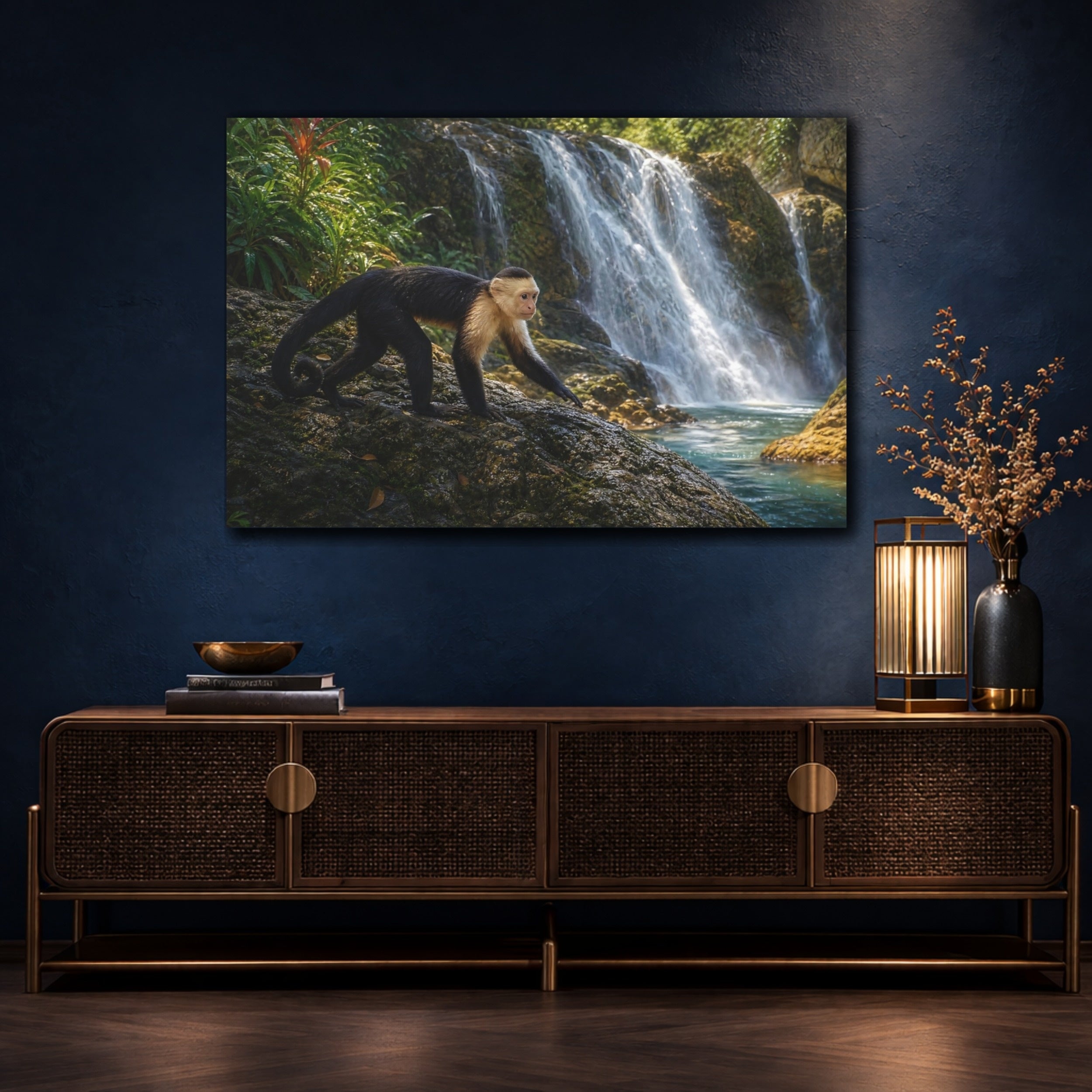 Mockup 4. Animals Capuchin Monkey Monkey Waterfall shown as stretched canvas wall art