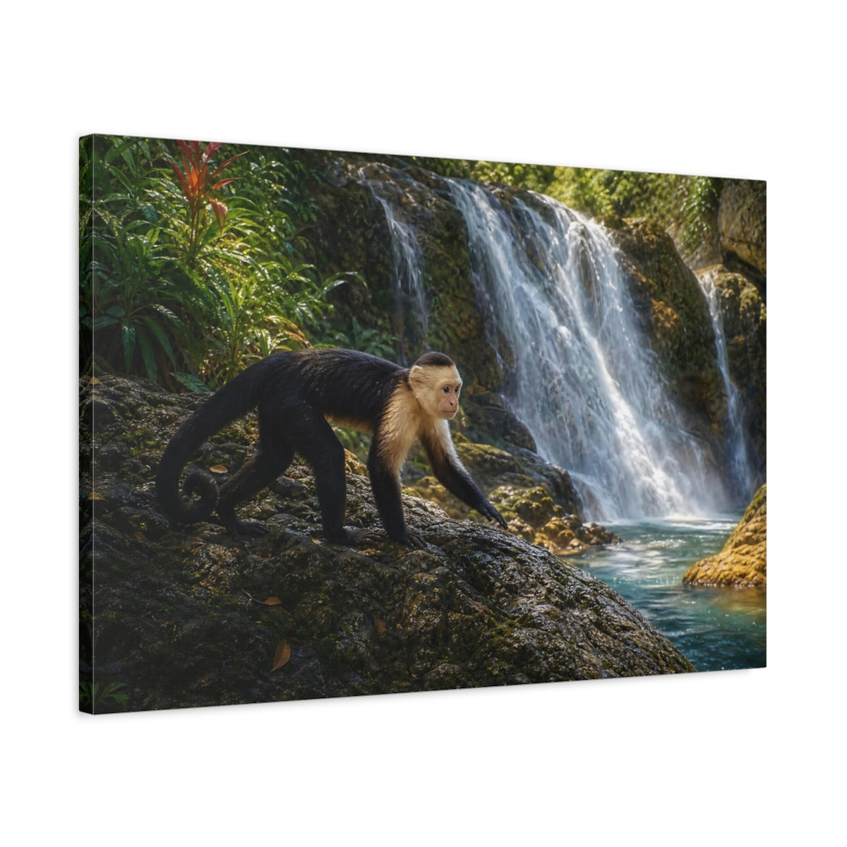 Side Mockup 2. Animals Capuchin Monkey Monkey Waterfall shown as stretched canvas wall art