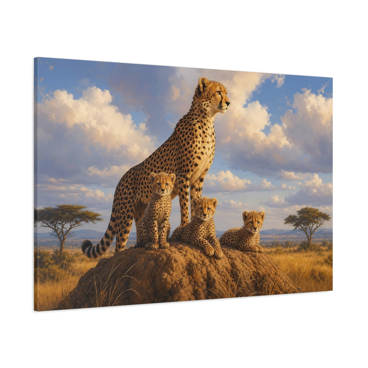 Side Mockup 1. Animals Cheetah Family Savanna Wildlife shown as stretched canvas wall art