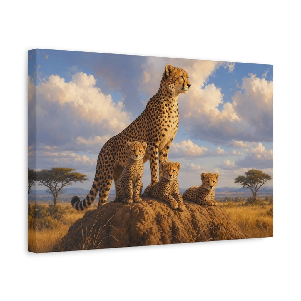 Side Mockup 4. Animals Cheetah Family Savanna Wildlife shown as stretched canvas wall art