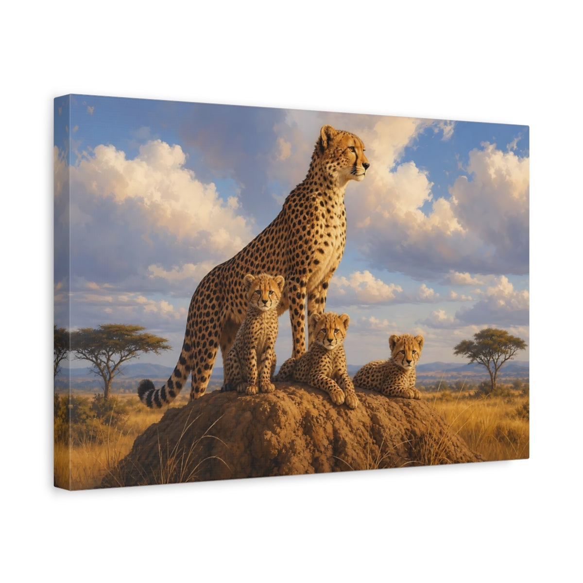 Side Mockup 4. Animals Cheetah Family Savanna Wildlife shown as stretched canvas wall art