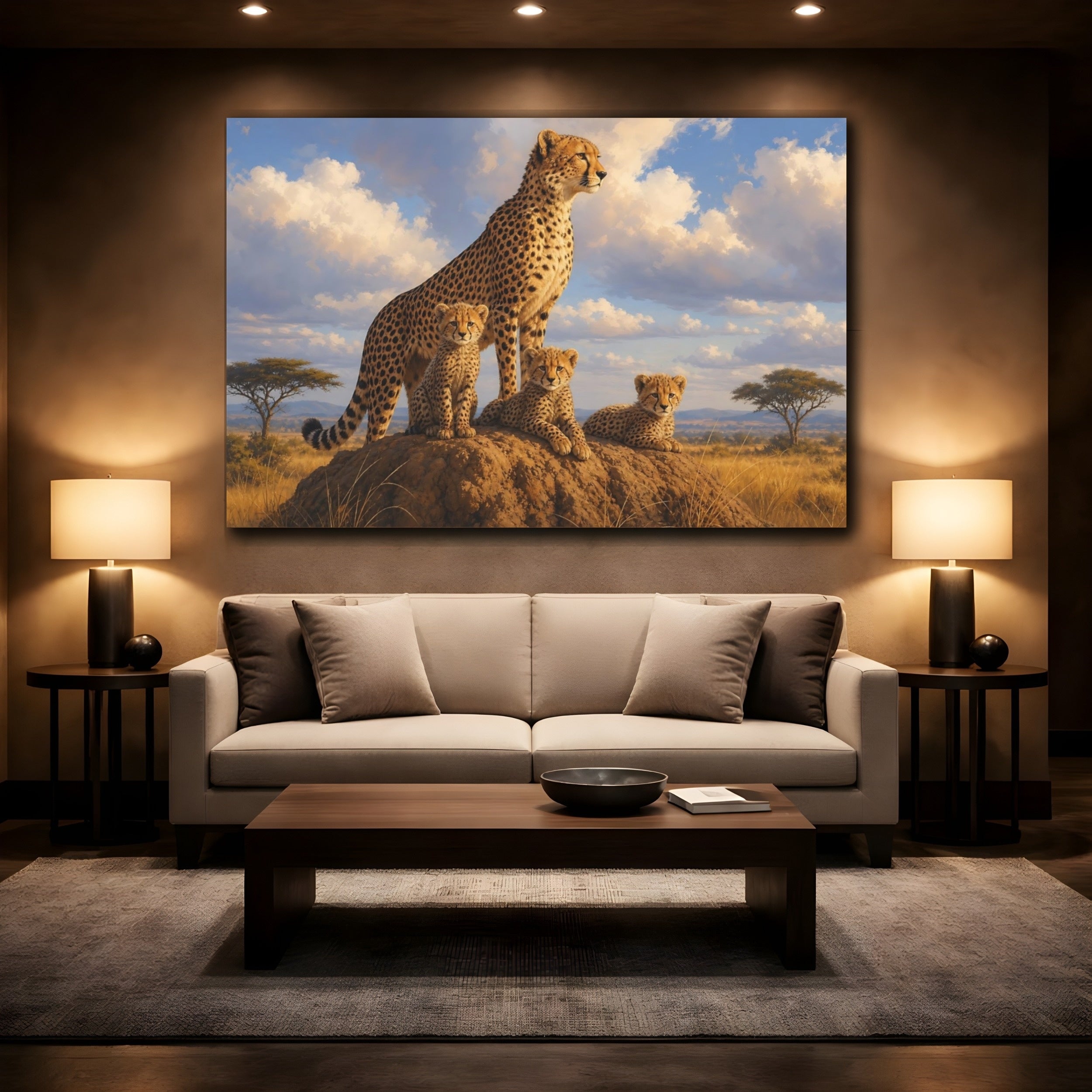 Mockup 2. Animals Cheetah Family Savanna Wildlife shown as stretched canvas wall art