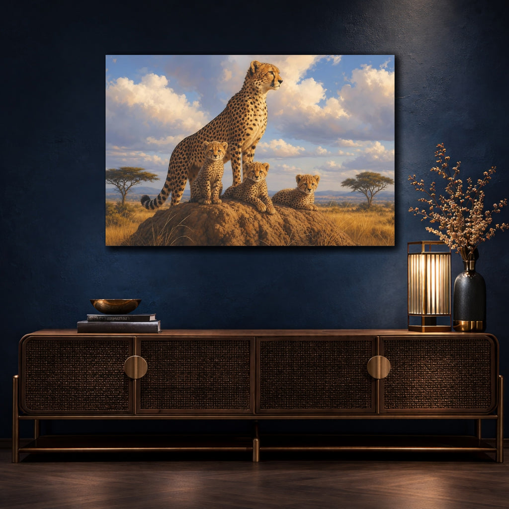 Mockup 4. Animals Cheetah Family Savanna Wildlife shown as stretched canvas wall art