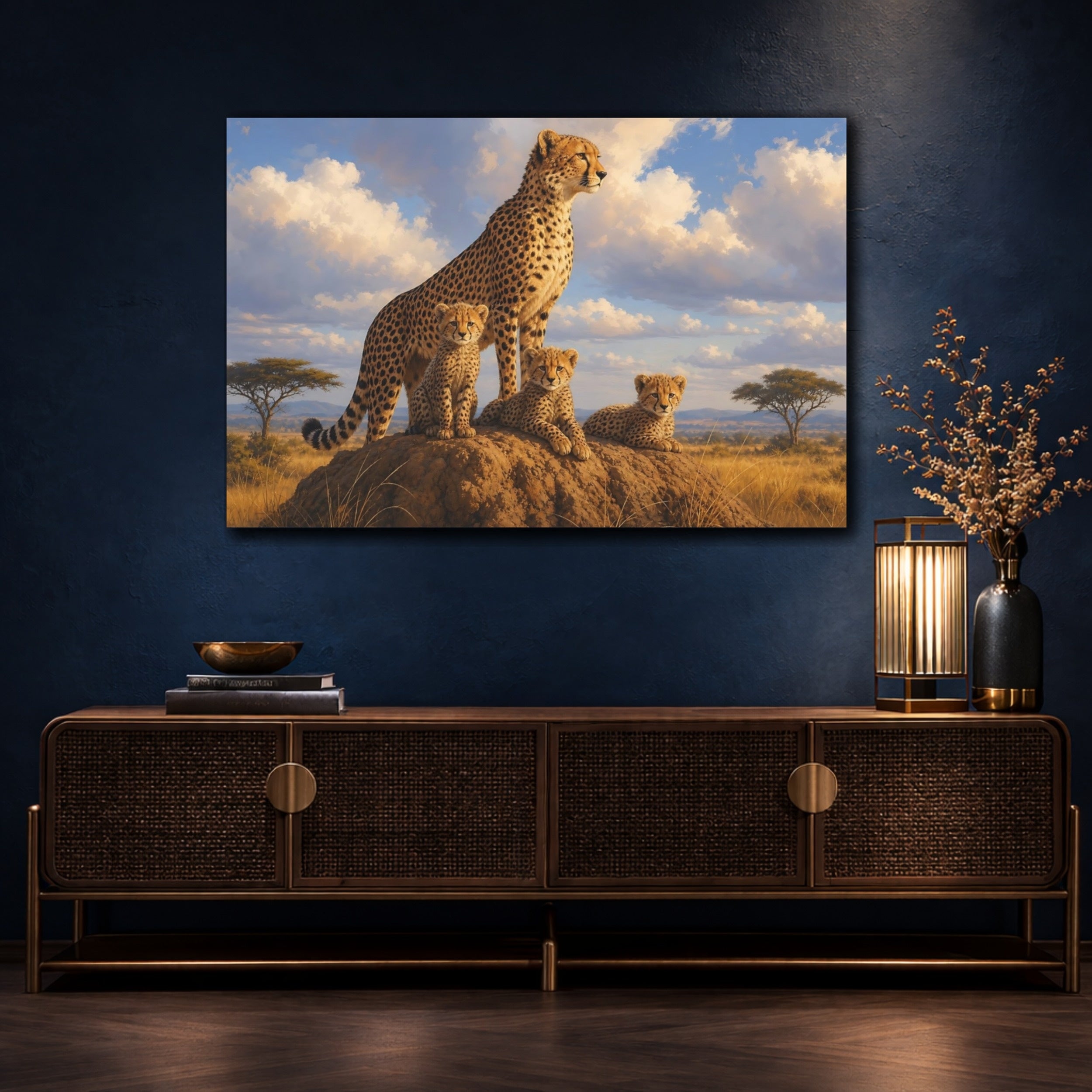 Mockup 4. Animals Cheetah Family Savanna Wildlife shown as stretched canvas wall art