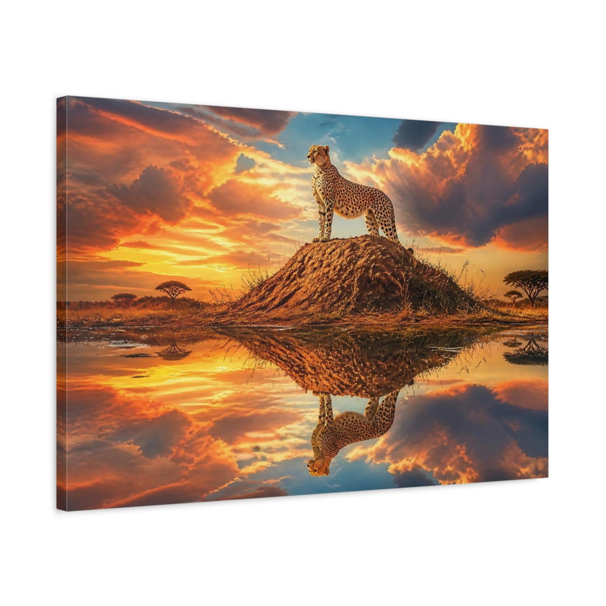 Side Mockup 2. Animals Cheetah Orange Sunset Cheetah shown as stretched canvas wall art