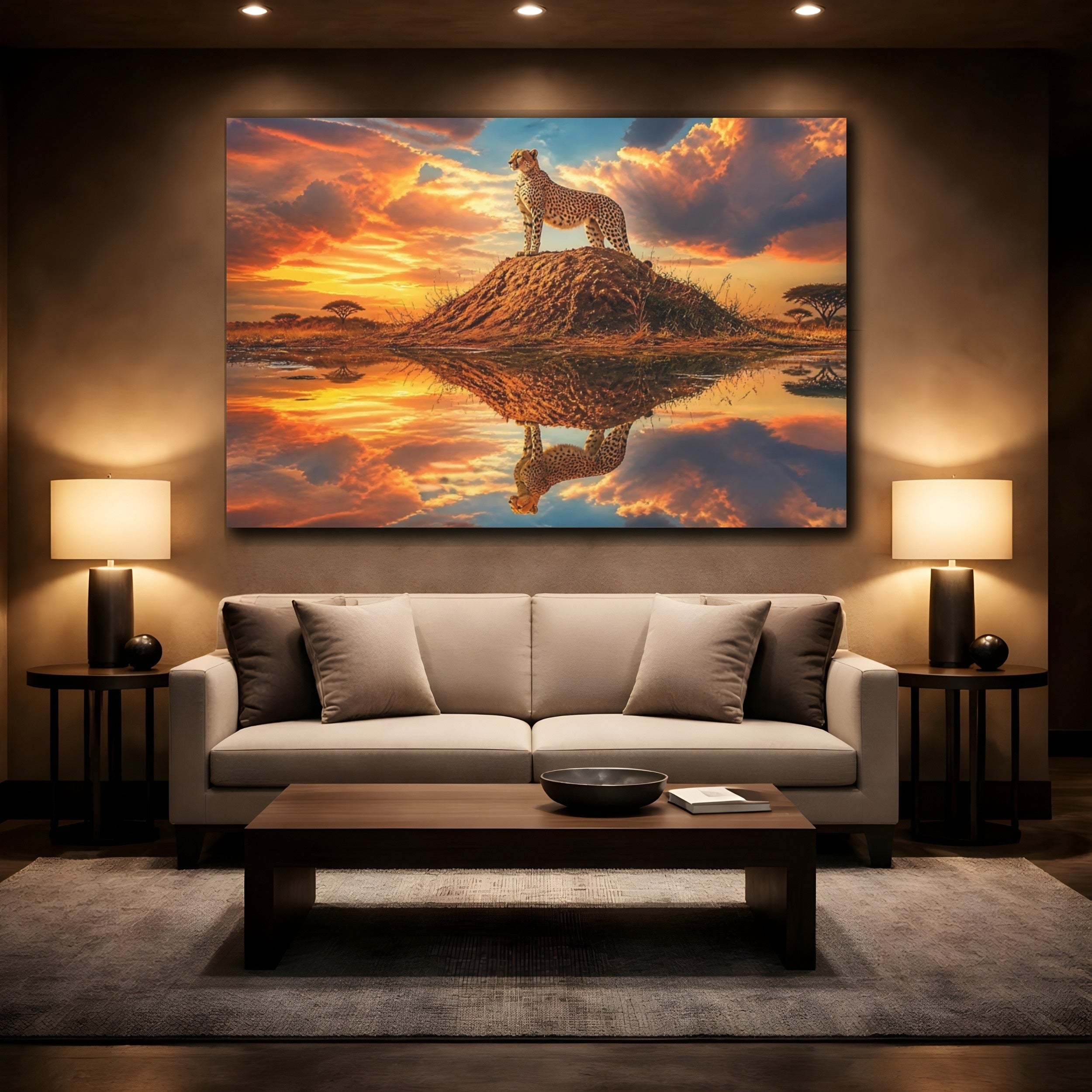Mockup 2. Animals Cheetah Orange Sunset Cheetah shown as stretched canvas wall art