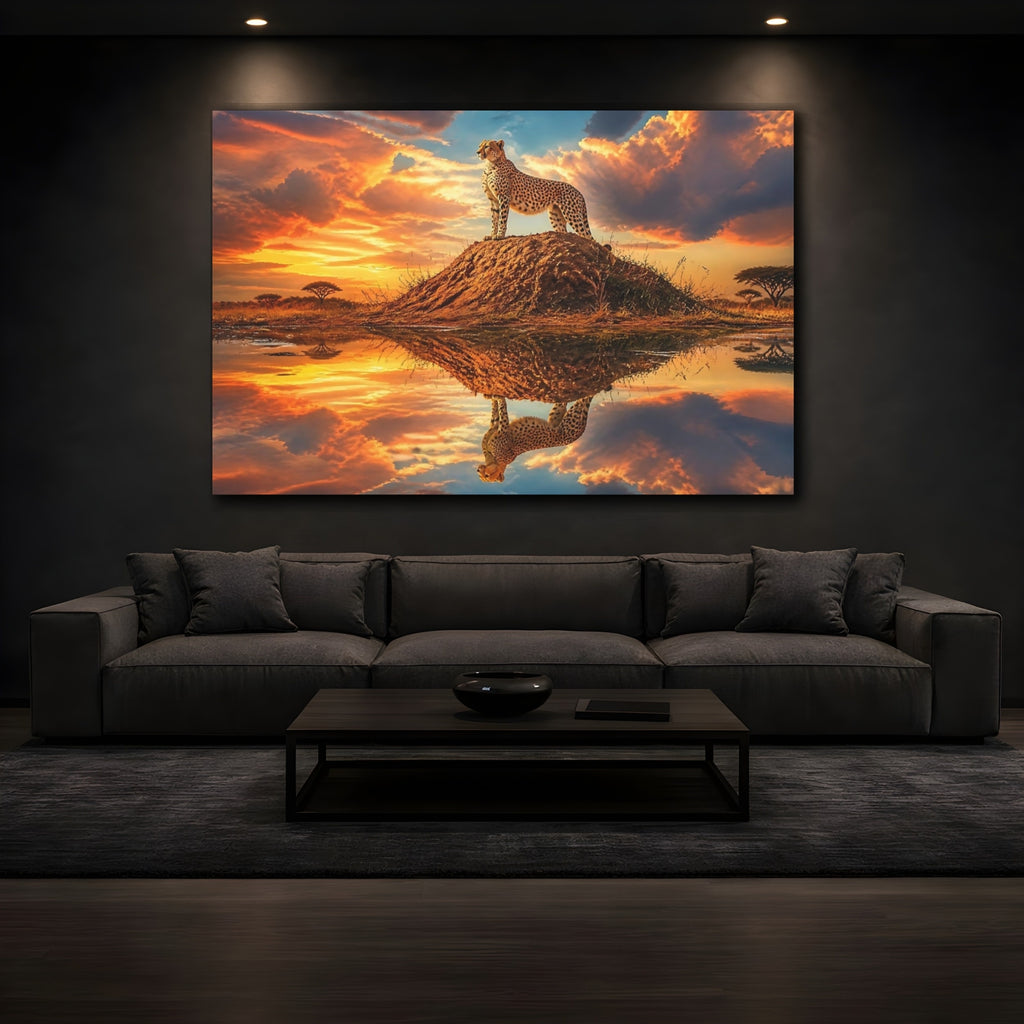Mockup 3. Animals Cheetah Orange Sunset Cheetah shown as stretched canvas wall art