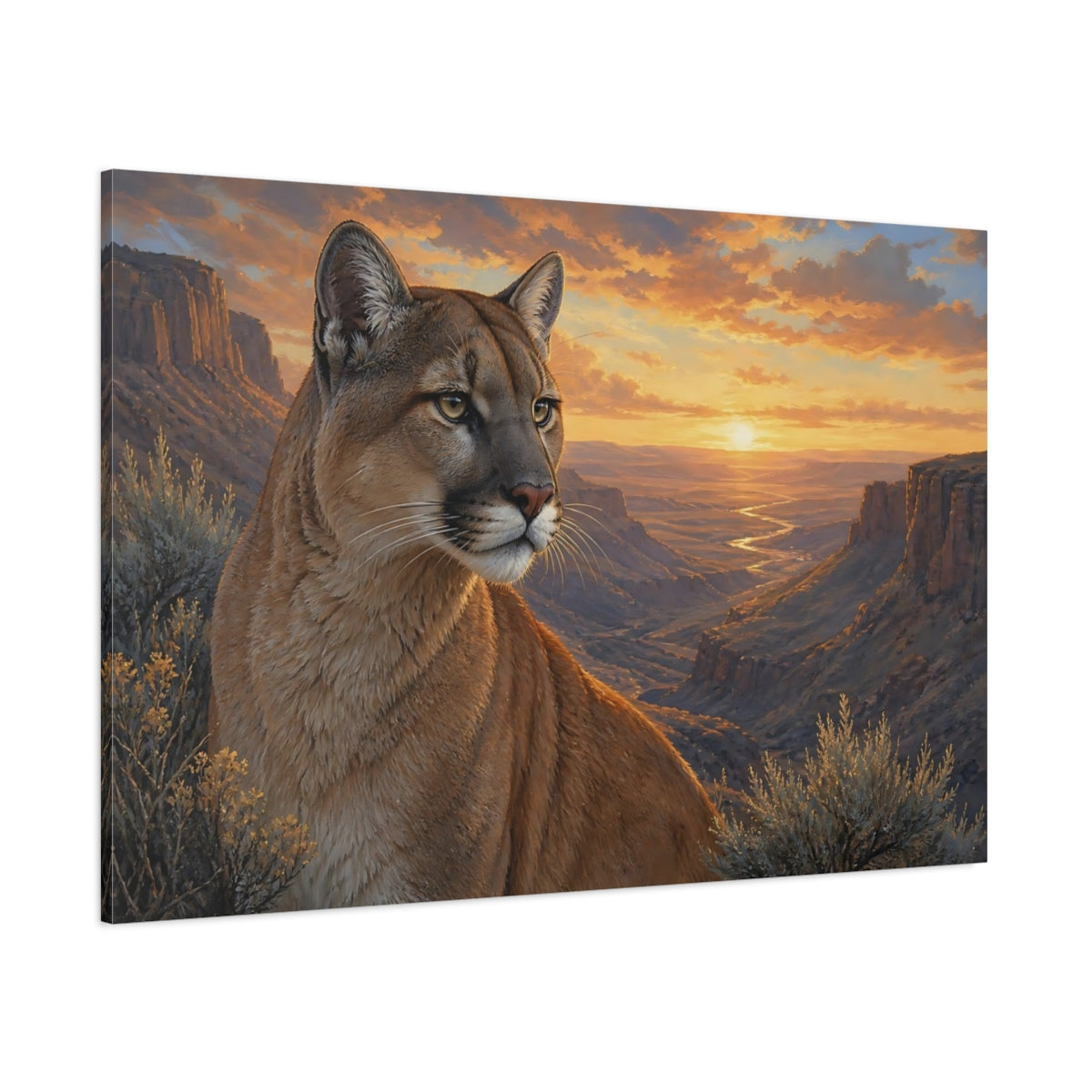 Side Mockup 1. Animals Cougar Brown And Orange shown as stretched canvas wall art