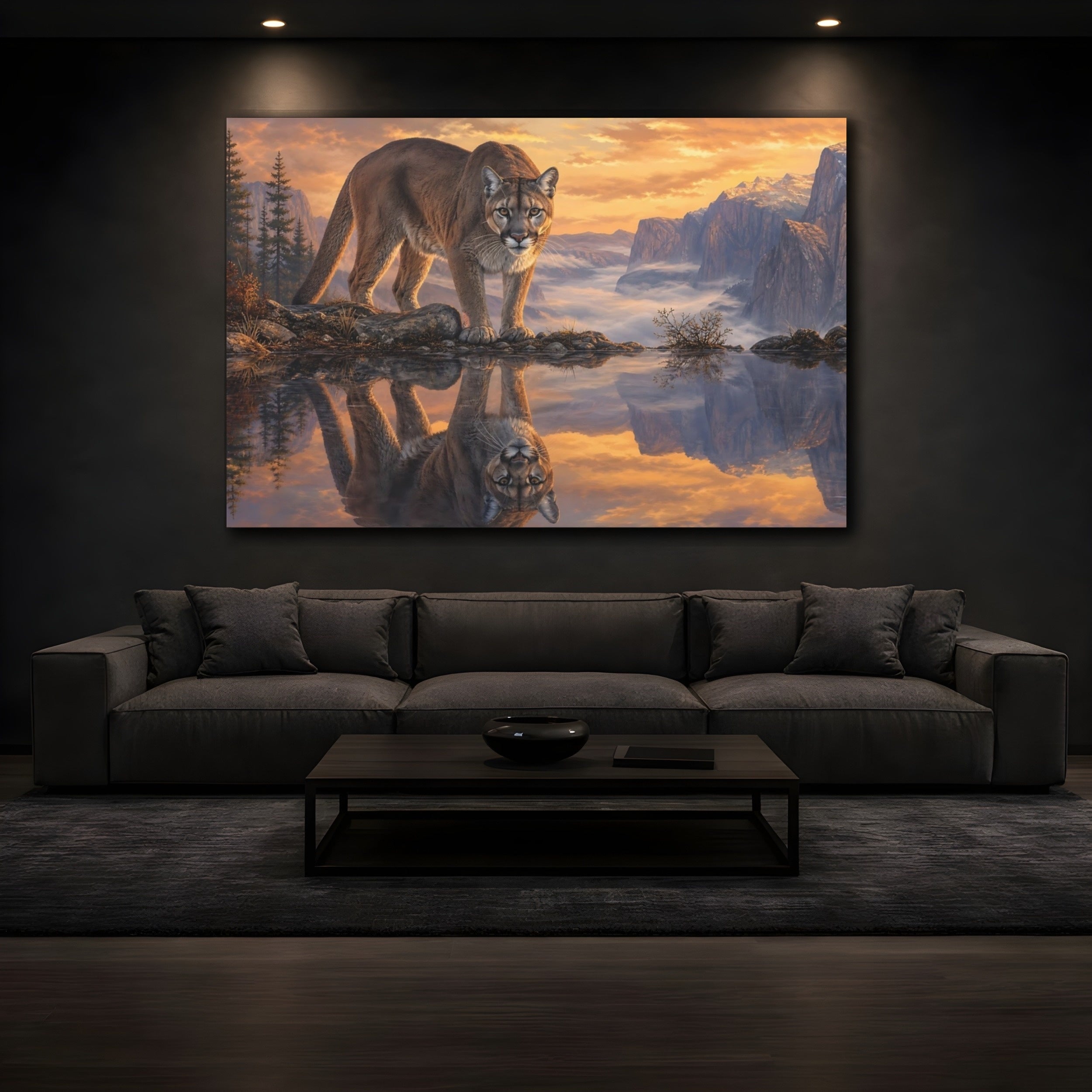 Mockup 3. Animals Cougar Brown And Orange shown as stretched canvas wall art