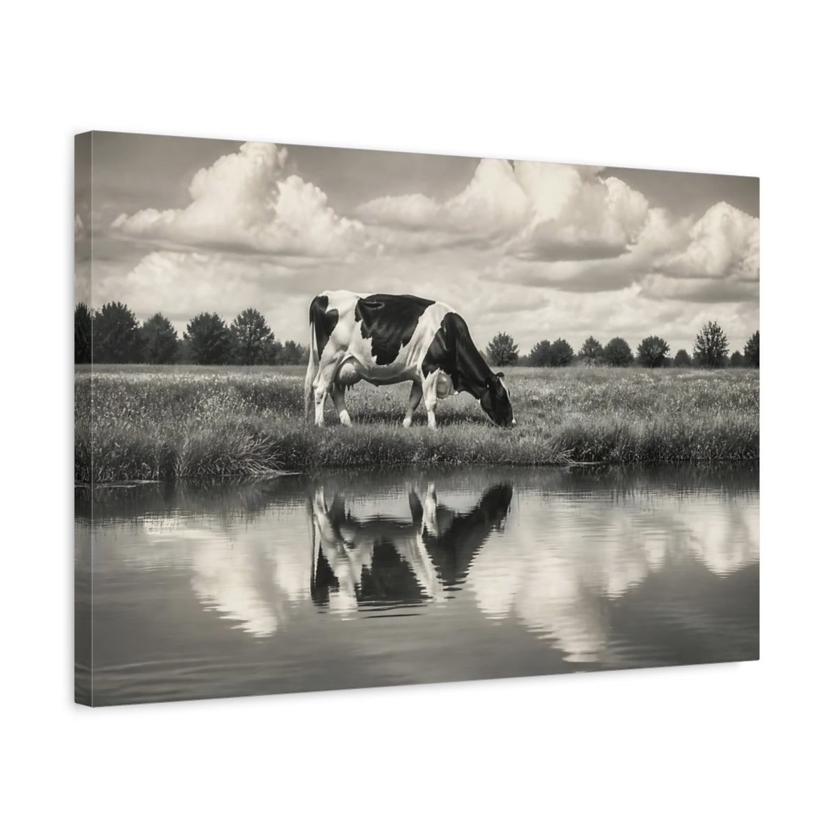 Side Mockup 3. Animals Cow Monochrome Cow shown as canvas print