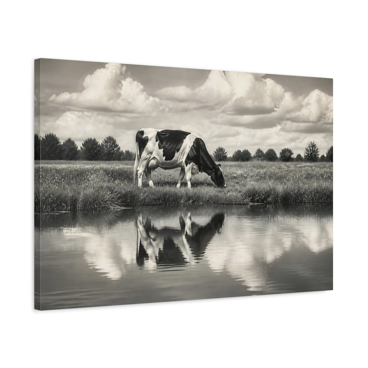 Side Mockup 2. Animals Cow Monochrome Cow shown as canvas print