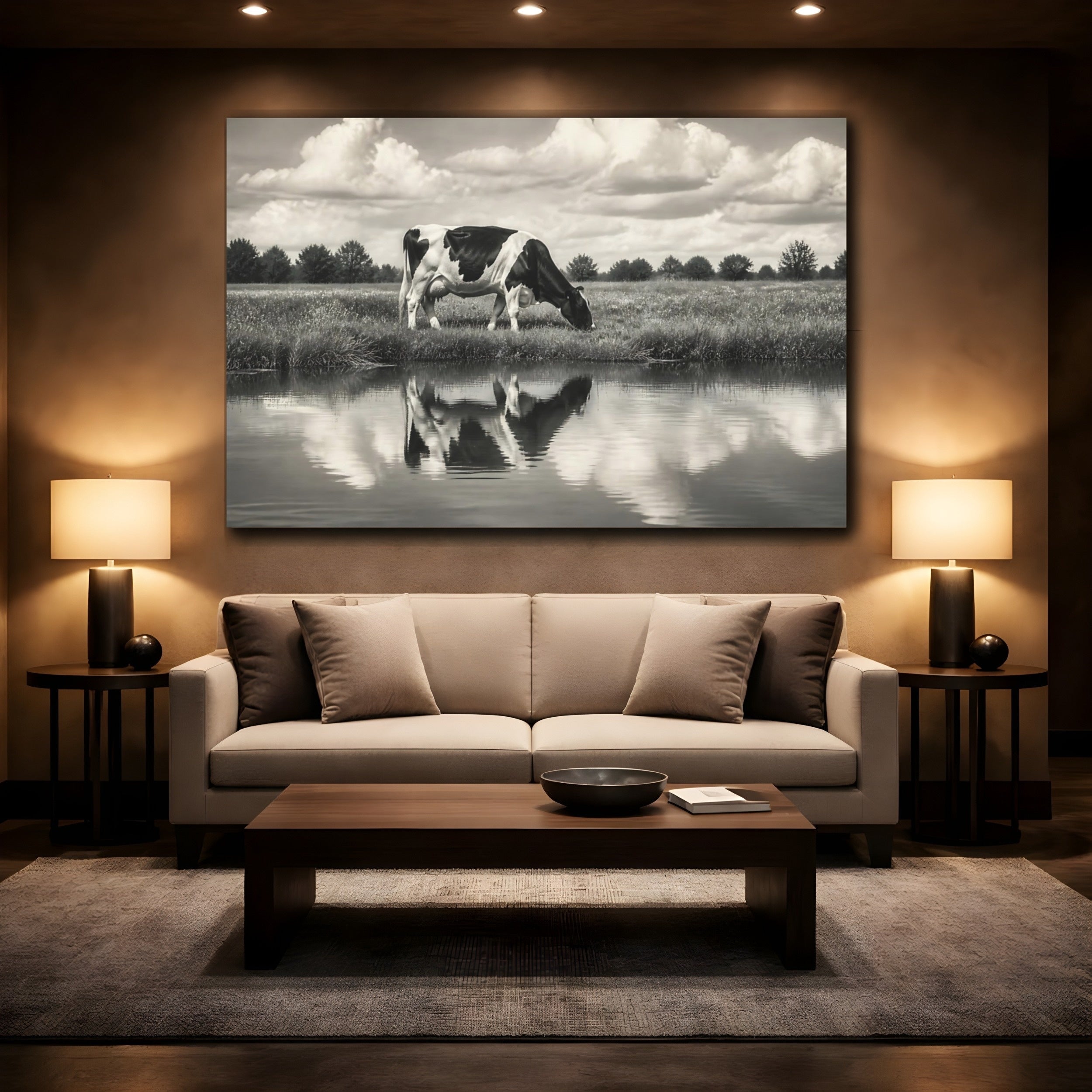 Mockup 2. Animals Cow Monochrome Cow shown as canvas print