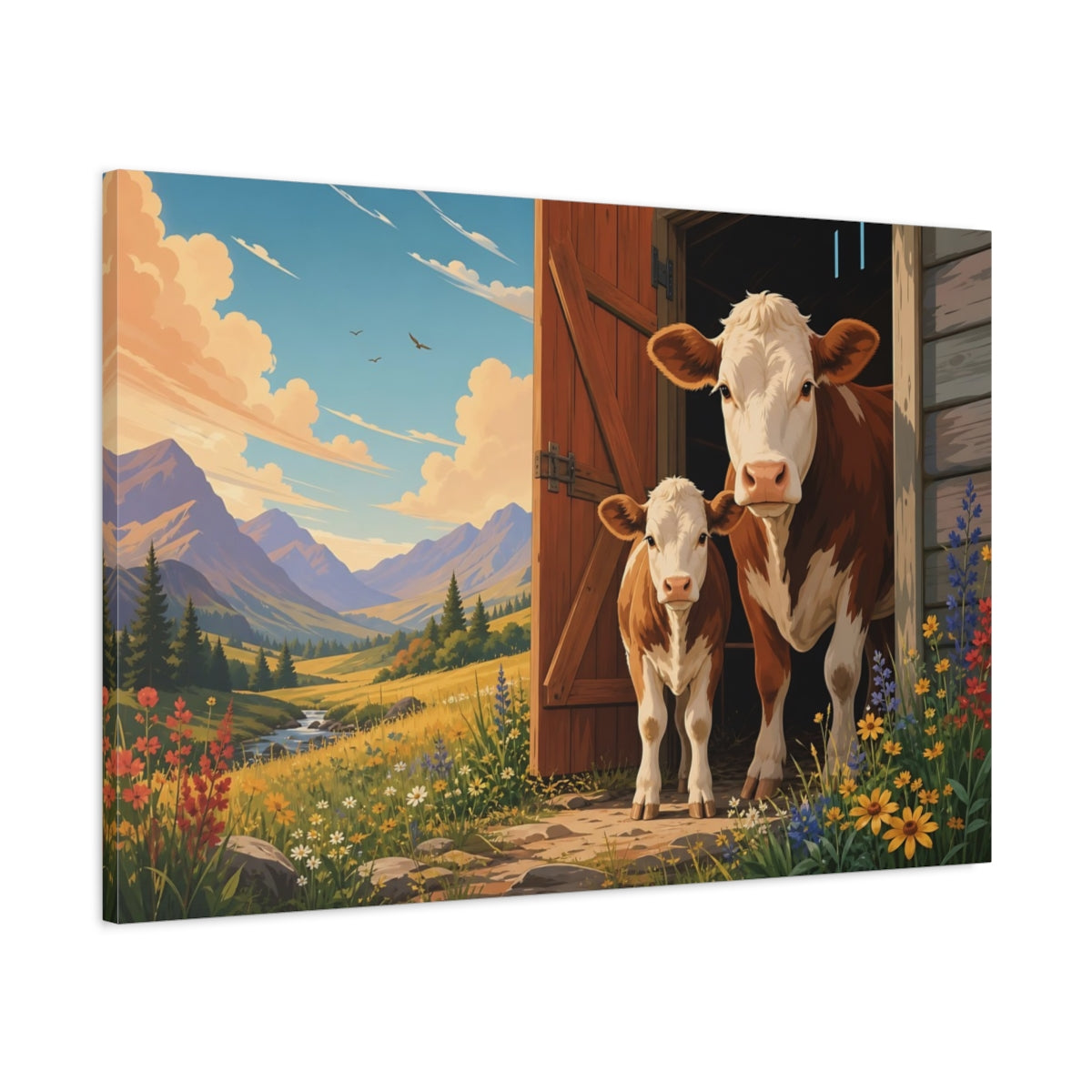 Main Mockup. Animals Cows Cows In Mountains shown as stretched canvas wall art