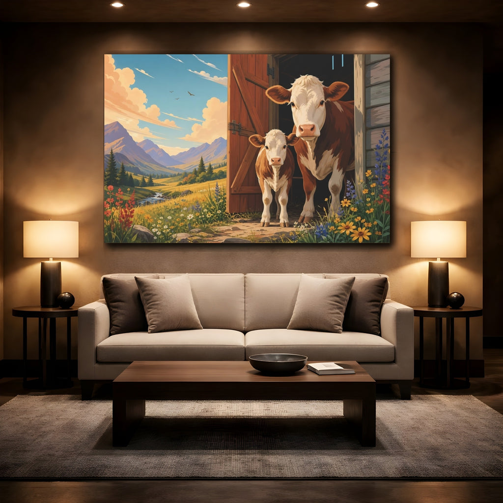 Mockup 2. Animals Cows Cows In Mountains shown as stretched canvas wall art