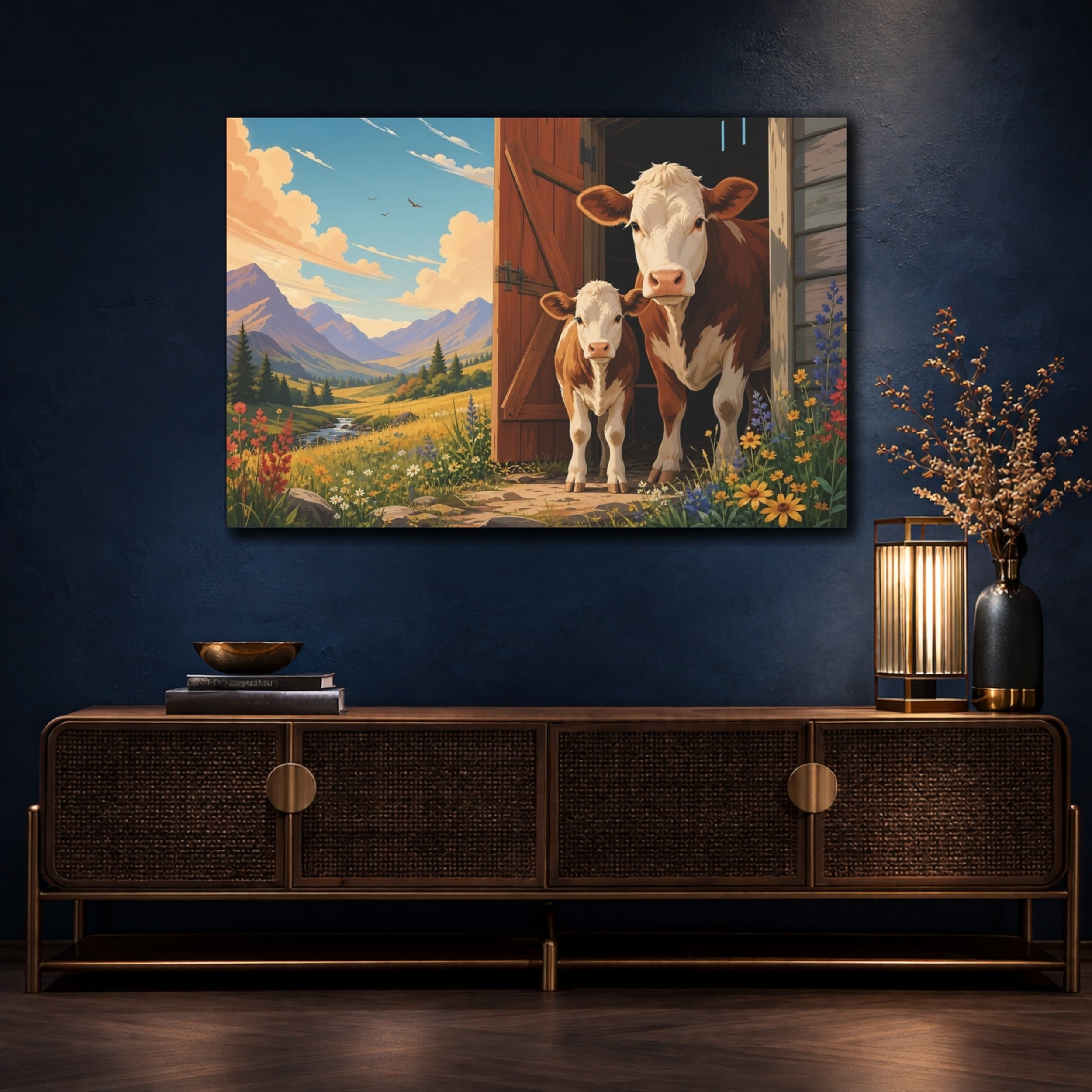 Mockup 4. Animals Cows Cows In Mountains shown as stretched canvas wall art