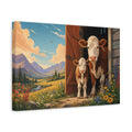 Side Mockup 4. Animals Cows Cows In Mountains shown as stretched canvas wall art