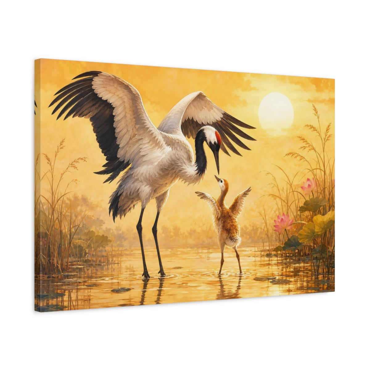 Side Mockup 2. Animals Cranes Golden Cranes shown as stretched canvas wall art