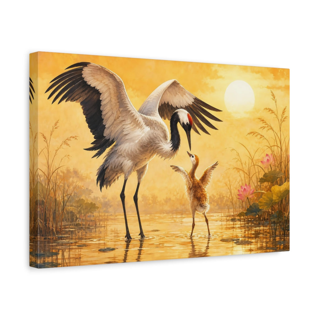 Side Mockup 4. Animals Cranes Golden Cranes shown as stretched canvas wall art
