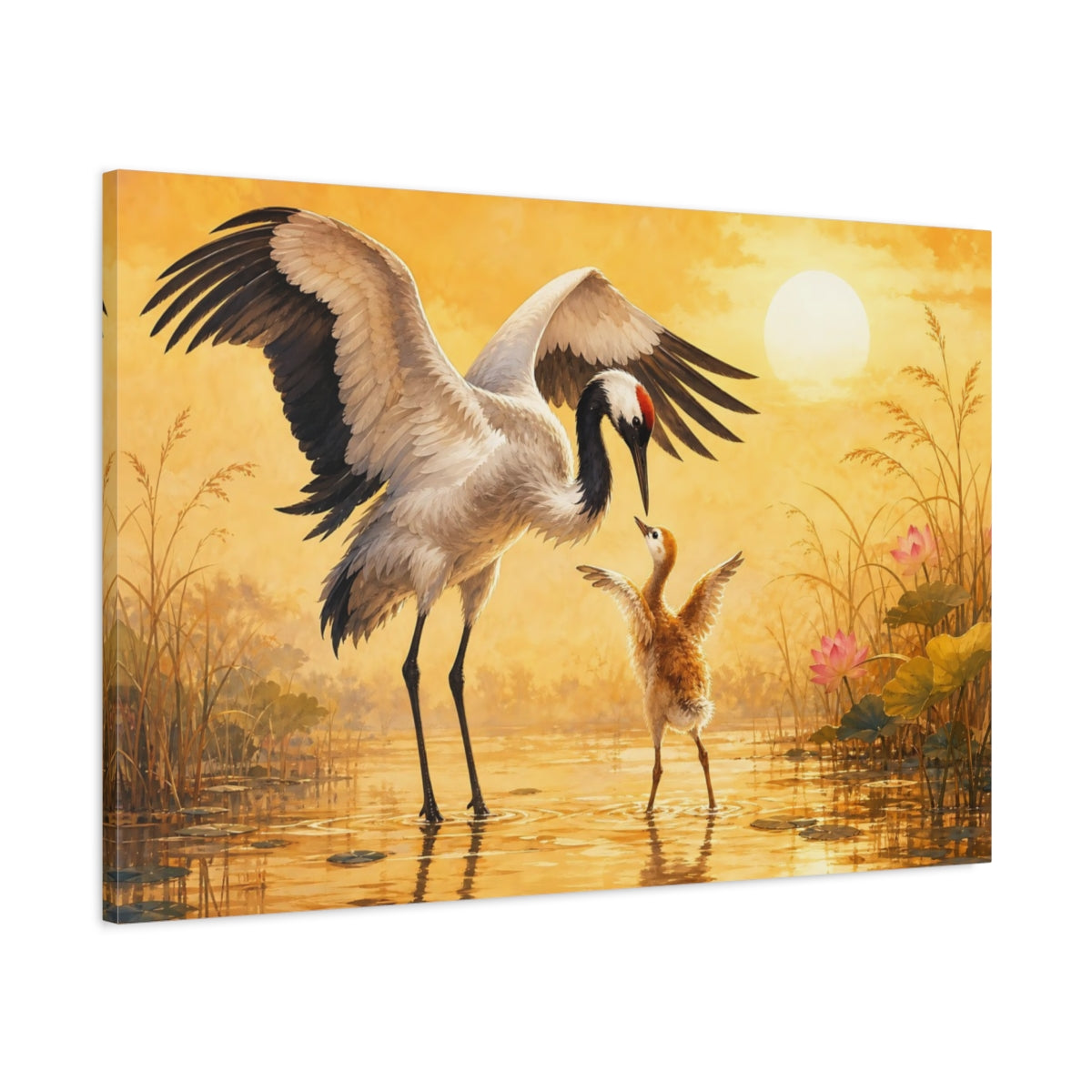 Main Mockup. Animals Cranes Golden Cranes shown as stretched canvas wall art