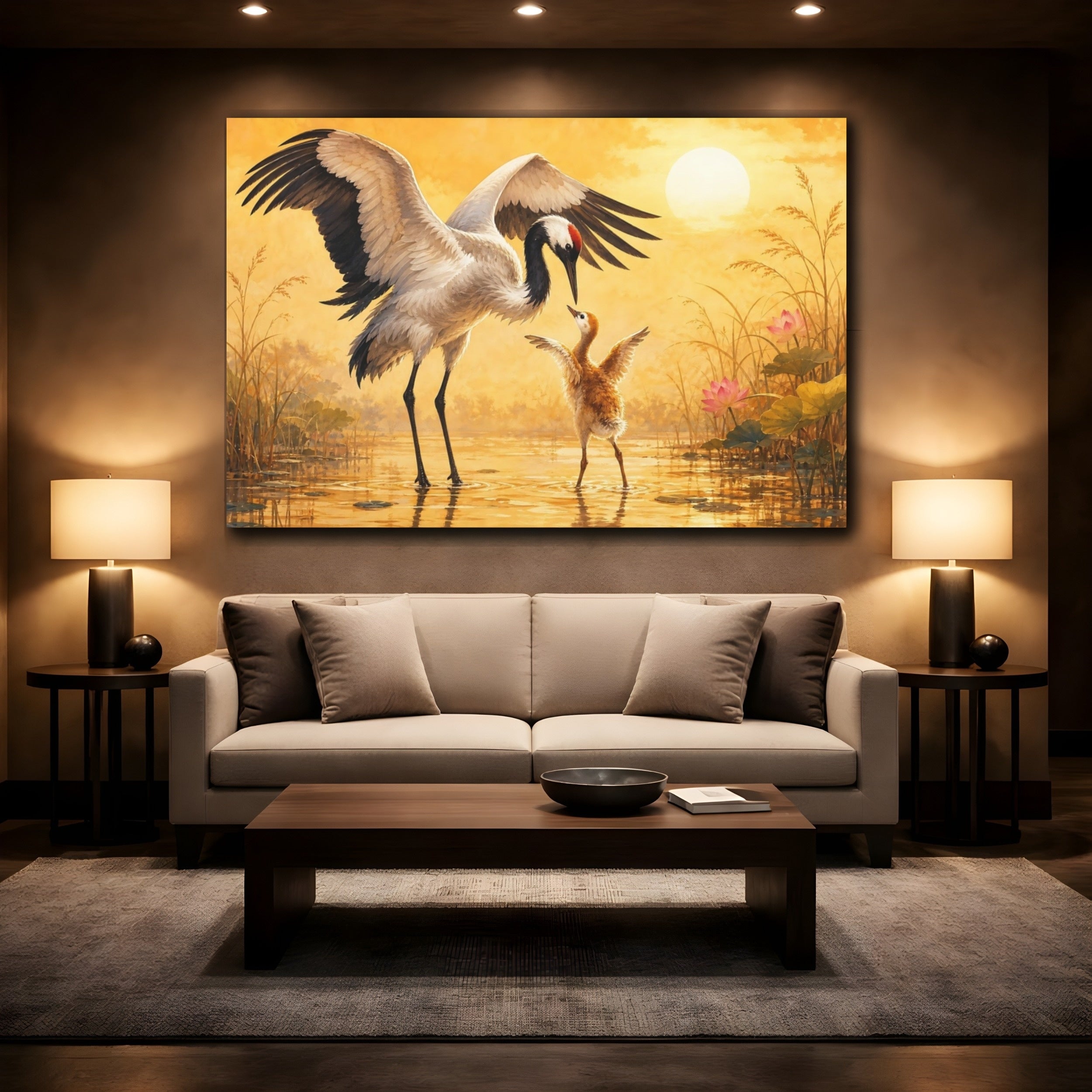 Mockup 2. Animals Cranes Golden Cranes shown as stretched canvas wall art