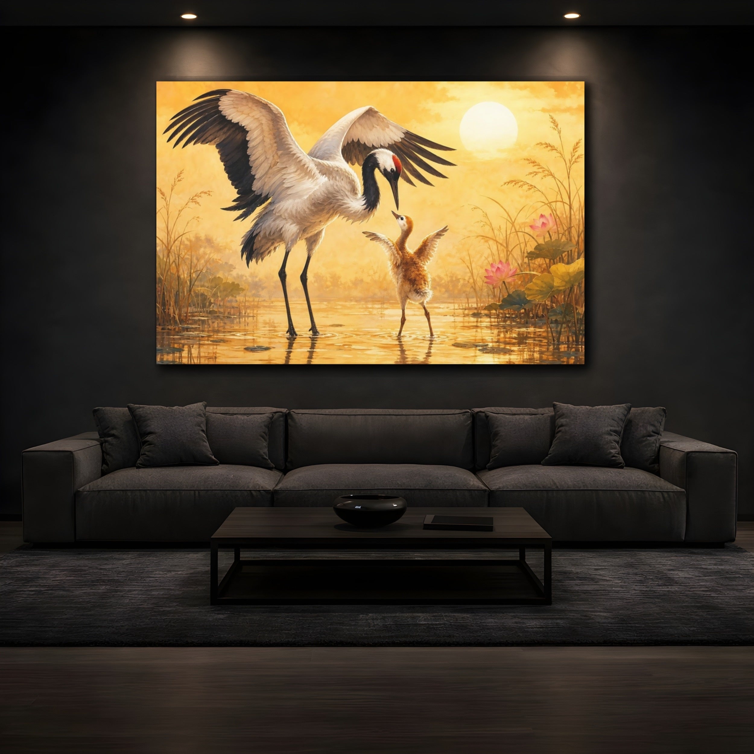 Mockup 3. Animals Cranes Golden Cranes shown as stretched canvas wall art