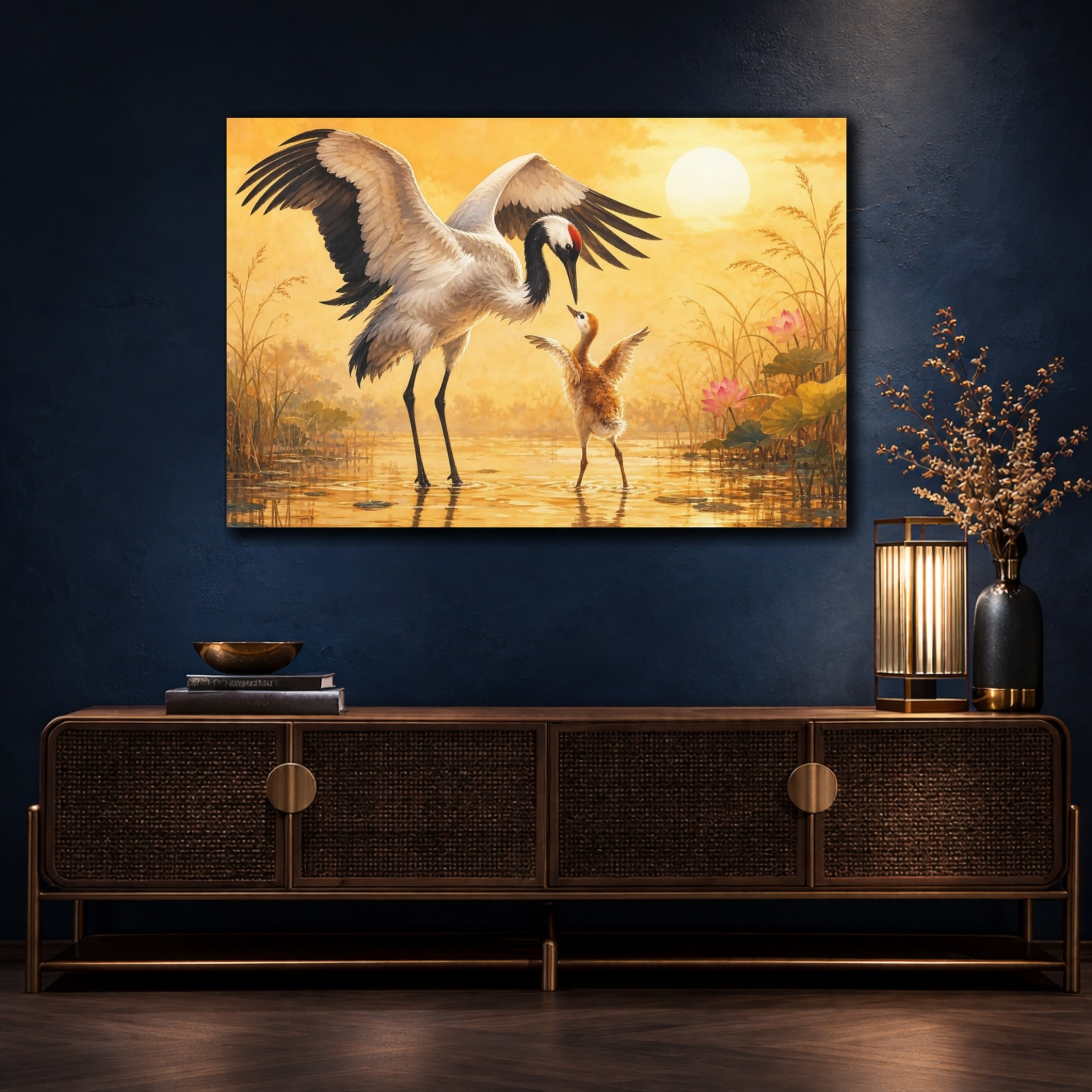 Mockup 4. Animals Cranes Golden Cranes shown as stretched canvas wall art